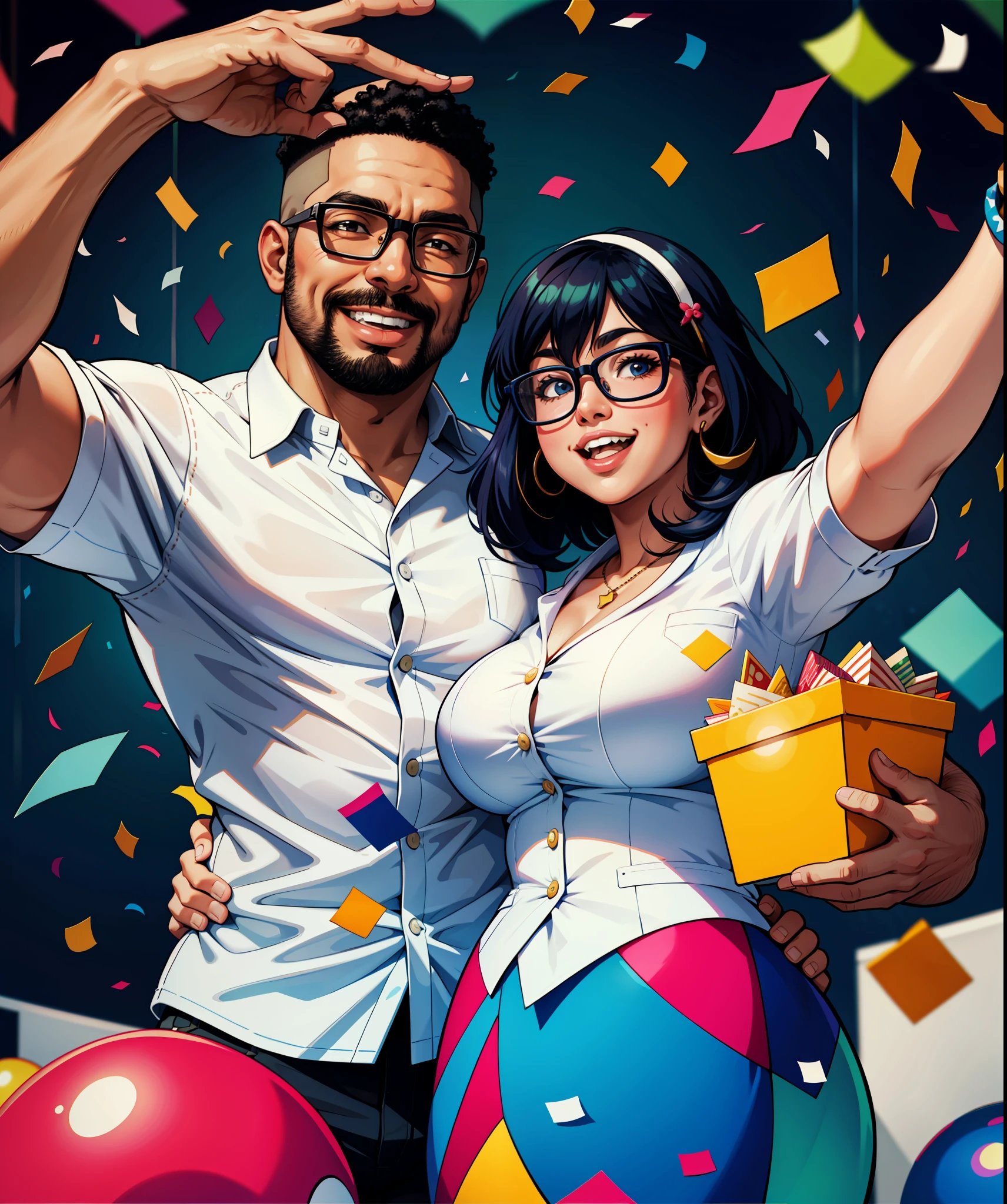 Chubby girl with glasses, on her birthday next to a Dominican man, selfie, and confetti in the air, lights and party