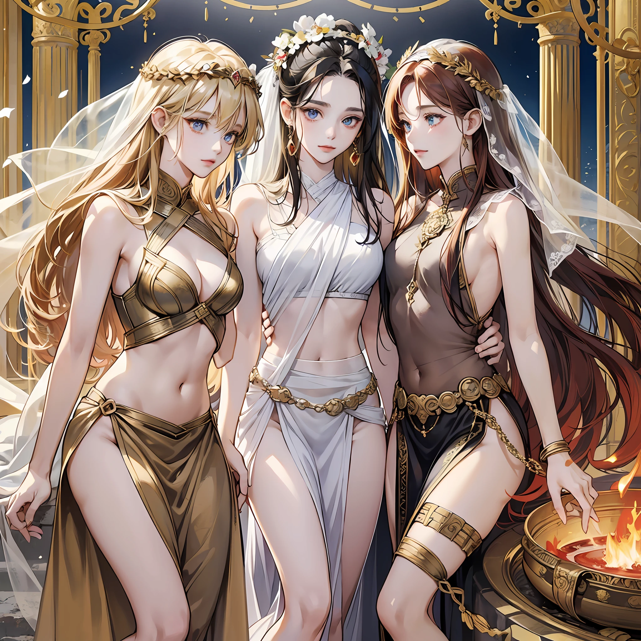 (Three Intimate Goddesses)is chatting happily in an ancient Greek temple、「The first is the goddess of wild nature and hunting、With (((blonde  hair)))and(((blue eye)))、With fair skin、Is tall and slender, 、Showing off the perfect pair of long legs、Wearing {(very short:1.7)、(white, :1.5)、Sleeveless Greek chiton}、(Wearing a golden circlet)」、 「The second is the goddess of war and wisdom、With ((dark black hair))and((gray eyes))、With fair skin、Is tall and muscular、Wearing ((Golden Armor)), Putting on a ((Corinthian helmet))」、「The third is the goddess of Hearth and fire、With ((Dark red hair))and((dark red eyes))、With fair skin、Wearing (long、white, 、Sleeveless Greek toga), (Putting on a veil)」、Greek mythology、 Mythological atmosphere、photorealistic、ultra quality、Ultra Detailed、Description of Super Hand、masterpiece, 、8K、HDR --auto --s2