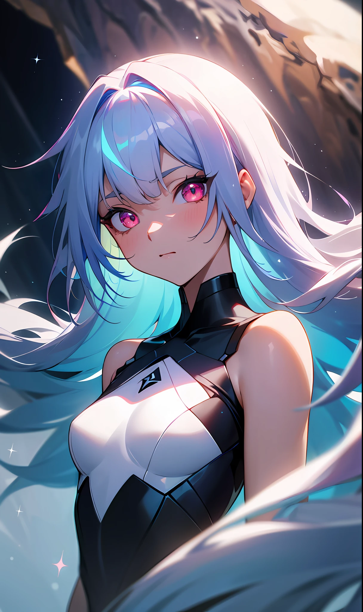 (Fine, clear images, super resolution, extremely amazing detail, awesome detail), subsurface scattering, masterpiece, best quality, high quality, 1girl, solo, upper body, prism eyes, prism hair, prism, serious, [silver|white] + (blue: -0.3) hair, blue + red eyes, gradient eyes, multicolored eyes, calm, small breasts, suit, glowing eyes, glowing eyes, glowing white particles, glitter, blooming, fantasy, cave,