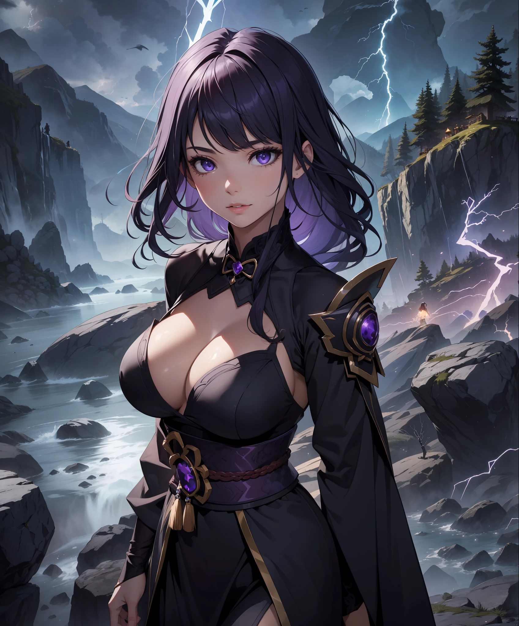 16K, HDR, Best quality, masterpiece, on top of mountain, floating rocks, dark, beautiful, 1girl, solo, beautiful stylish hair, eyes, face, lips, boobs, cleavage, beautiful intricate detailed purple japanese fantasy outfit, lightning, thunder, light particles, lightning bolts, electrifying environment, detailed background