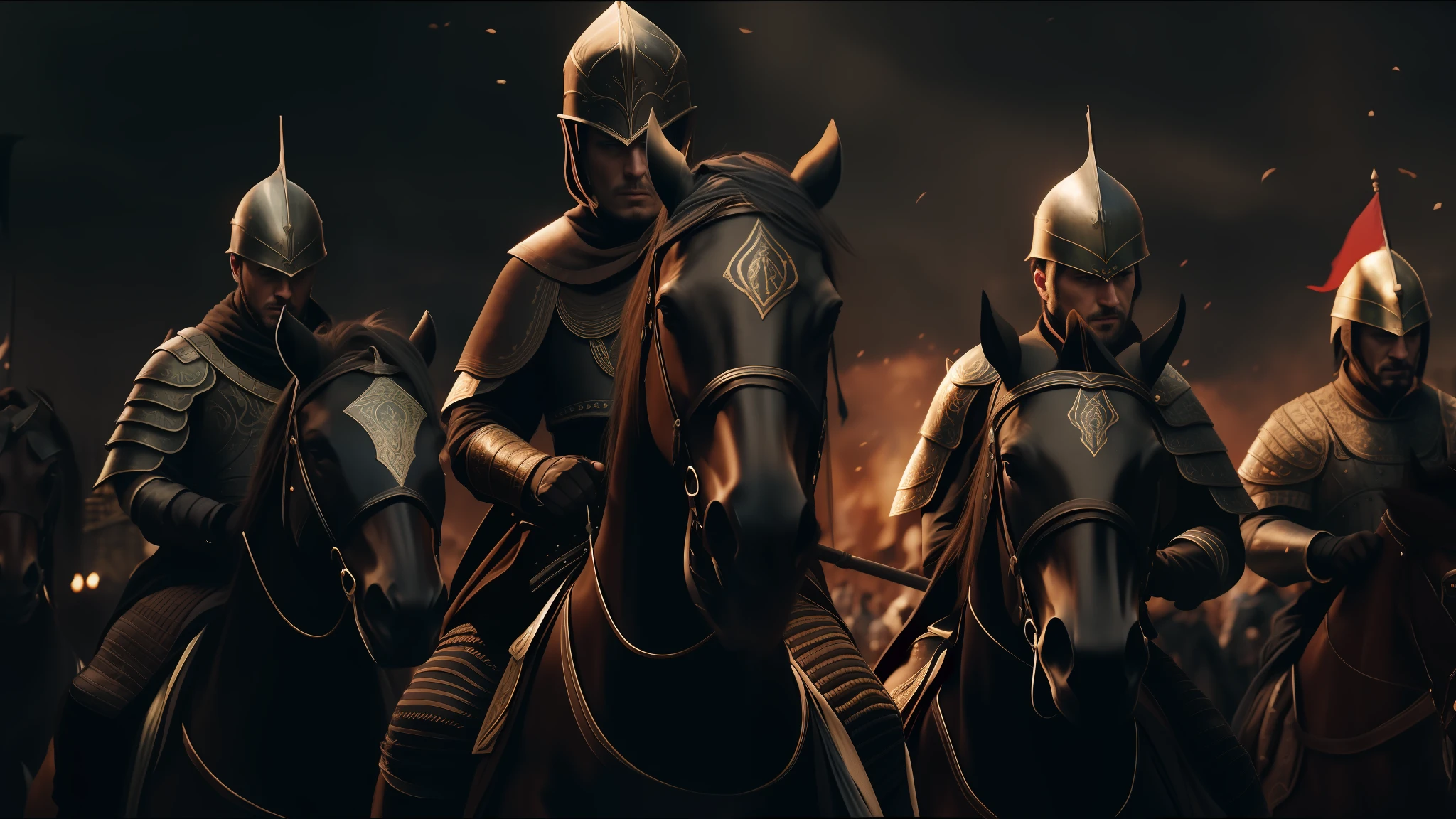 there are many people riding horses with flags in the background, cinematic effects vfx, afshar, black shirt underneath armor, medieval portrait, abbeys, cgsociety, orantalist, ironborn, character close-up, traditional romanian clothing, still frame from a movie