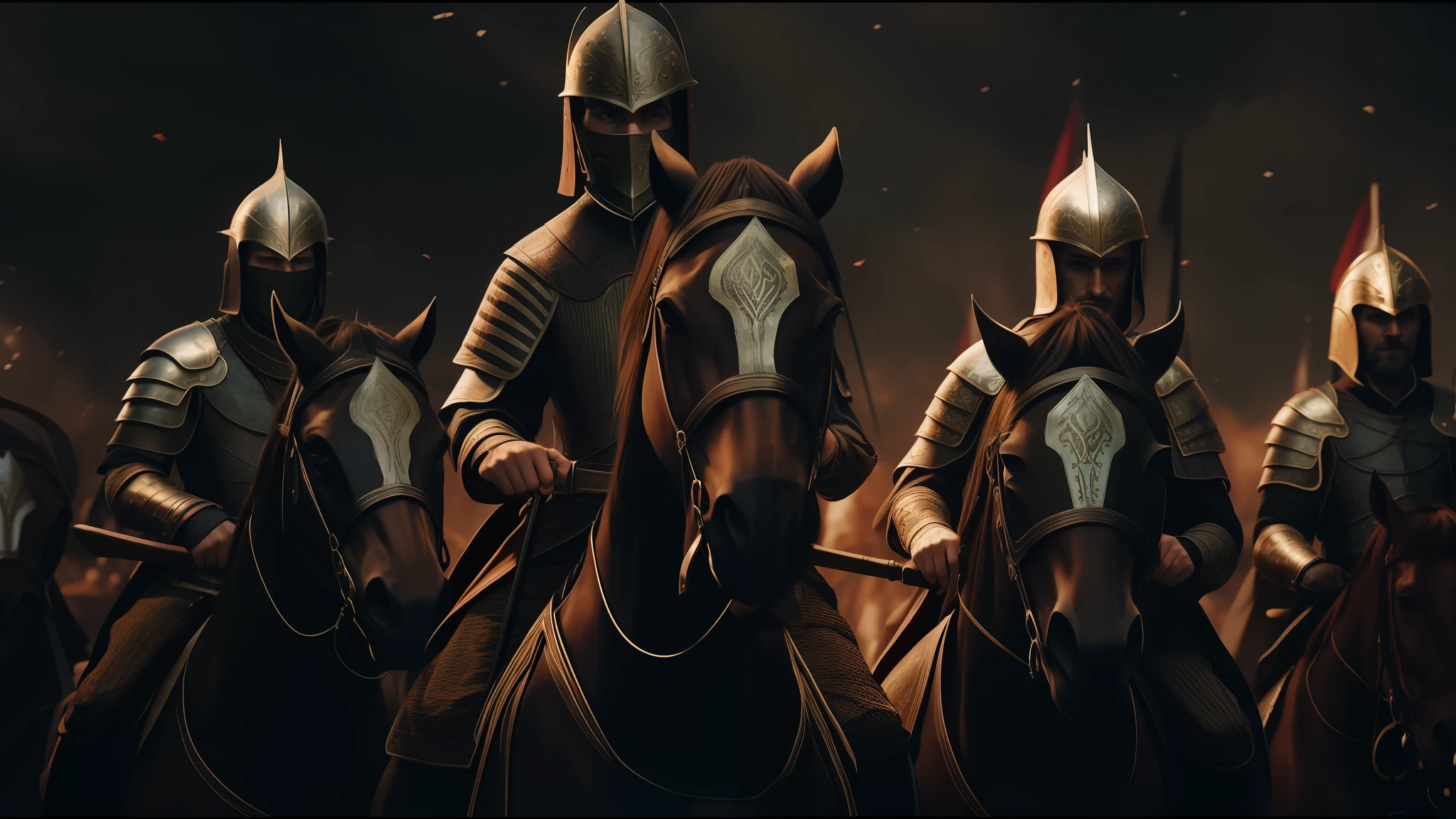 there are many people riding horses with flags in the background, cinematic effects vfx, afshar, black shirt underneath armor, medieval portrait, abbeys, cgsociety, orantalist, ironborn, character close-up, traditional romanian clothing, still frame from a movie