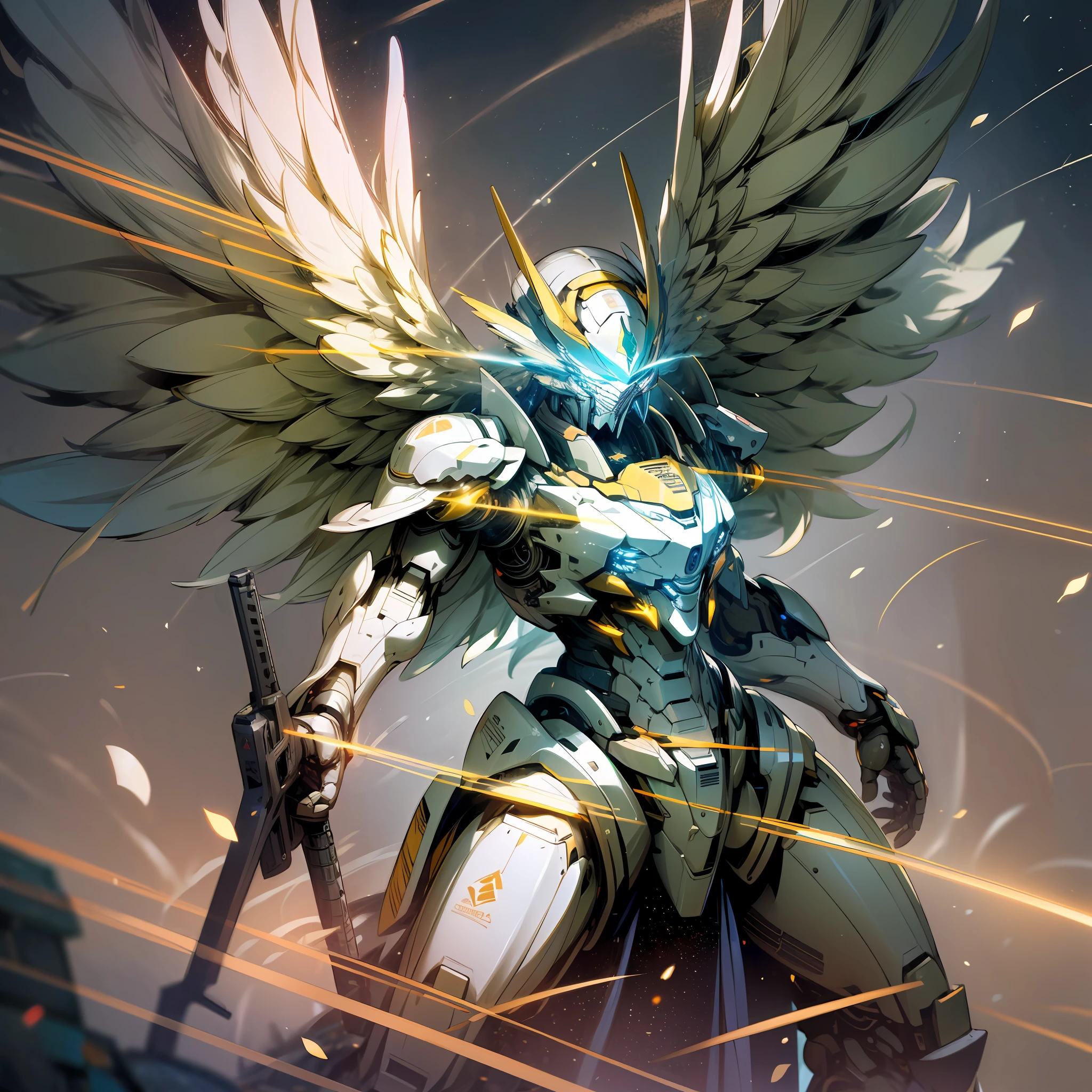 (Masterpiece, best quality: 1.3), extremely high detail, complex, 8k, HDR, wallpaper, cinematic lighting, (cosmos), gun, (shooting position), glow, armor, glowing eyes, mecha, large wings, --auto --s2