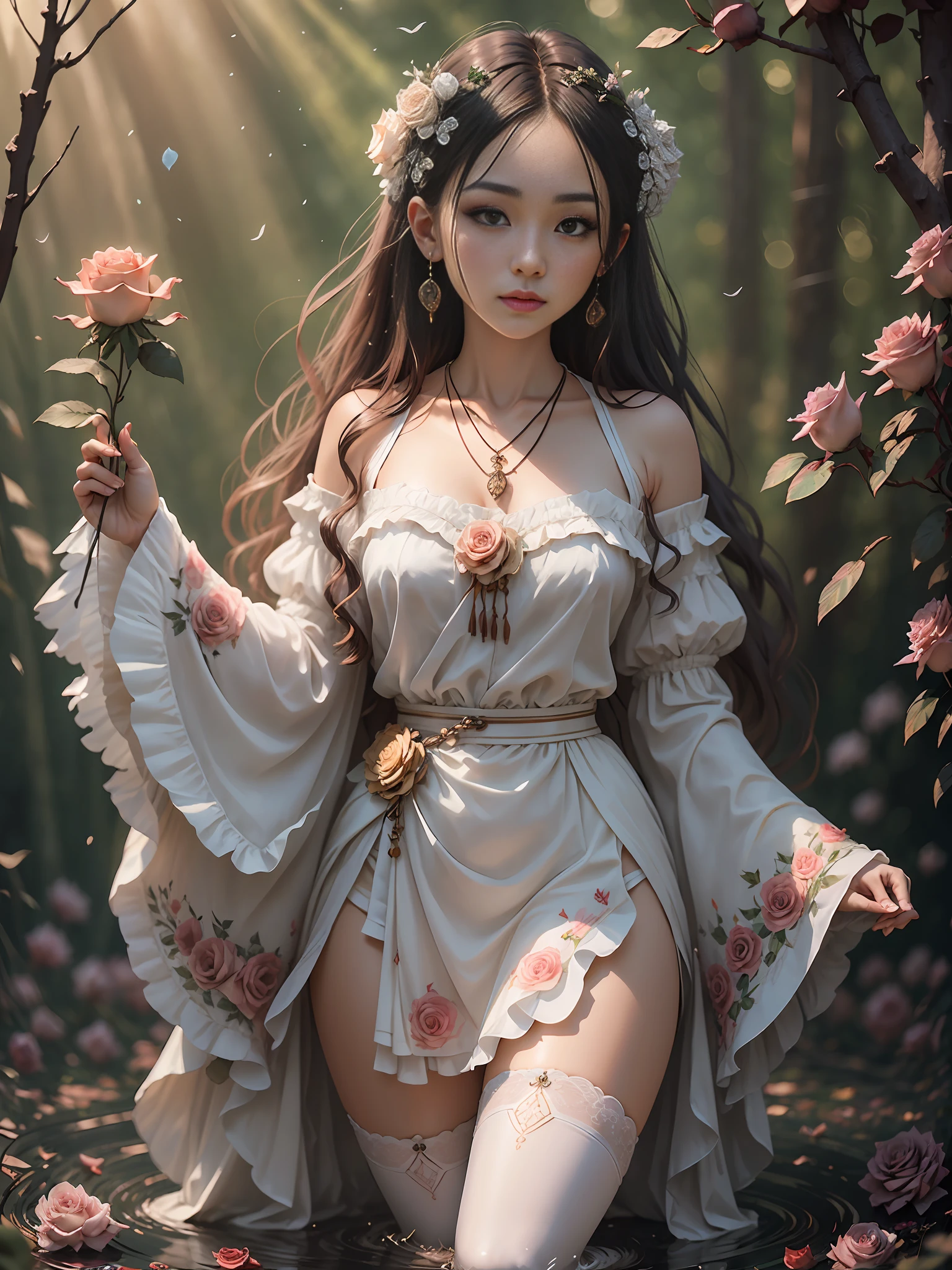 (best quality, masterpiece, high resolution, glow, flood, lens glare, wide angle), sunlight, full body, 1 [Chinese|Russian|Japanese|Korean] girl, ((rose:1.3) clothes), necklace, jewelry, long hair, earrings, super delicate face, beautiful face, full face blush, perfect eyes (very long eyelashes: 1.4), glowing pupils, (white stockings: 0.9), realism, (high detail skin: 1.2), 8k ultra hd, DSLR, high quality, volumetric lighting, frankness, high resolution, 4K, 8K, background bokeh, dream forest, feather drop effect, morning, foreground