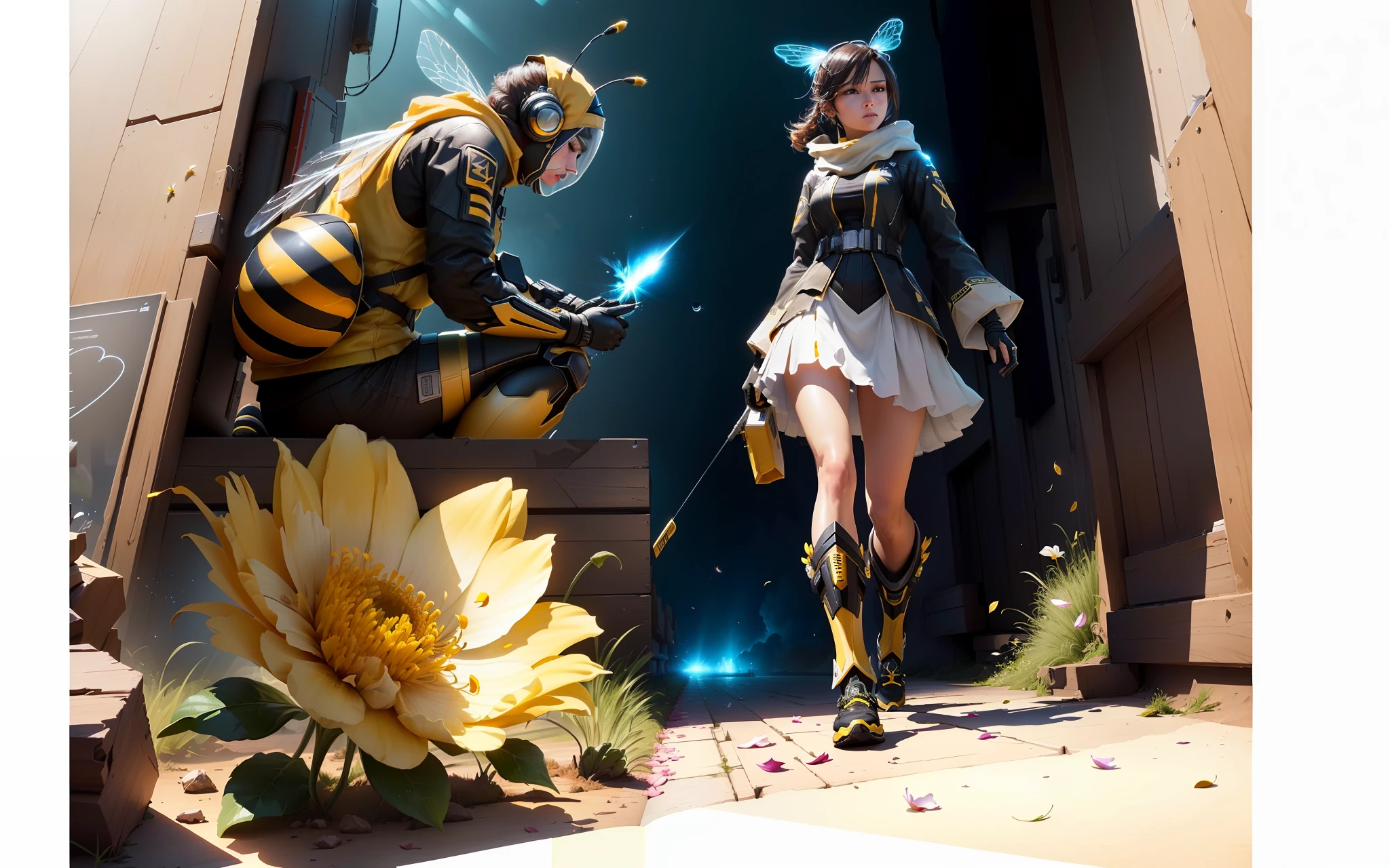 (bee), (petal), (macro lens), (bee body), (antenna), (leg), (pollen), (dewdrop), (shimmer), (visual experience). (Best Quality, Masterpiece: 1.4), (Realism:1.2), (Realisitc:1.2),tk-char, Multiple views of the same crowd scene, Award-winning graphics, Final Fantasy, Masterpiece, Very detailed, 8k, Detailed, Ultra-Detailed, Digital Art, rtx, Unreal Engine, Scene concept art, glare effect