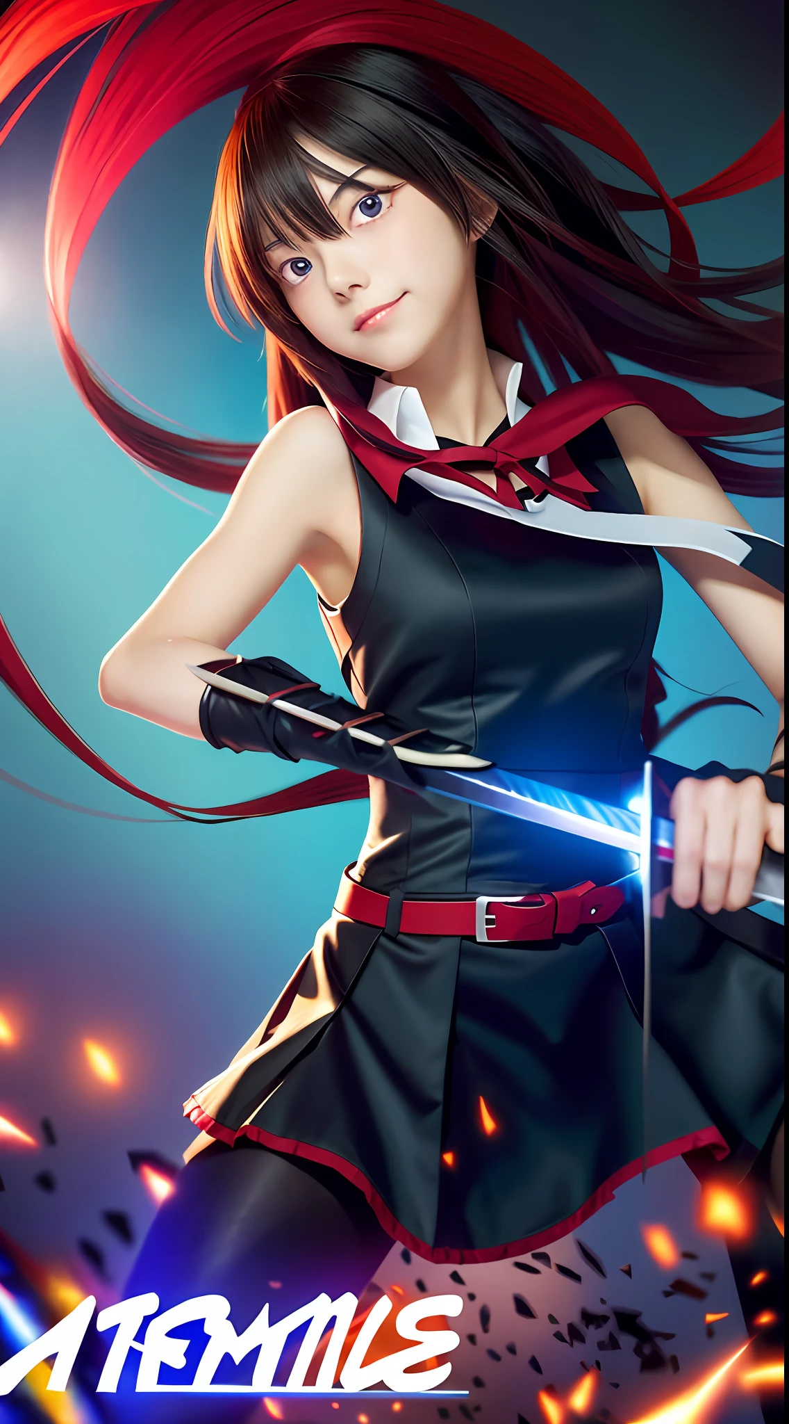 a picture taken from a anime with a sword and a girl in a black dress, attractive matoi ryuko, gapmoe yandere, by Jin Homura, ryuko matoi, yandere, yandere. tall, female action anime girl, gapmoe yandere grimdark, katana, anime style like fate/stay night, (anime girl)best quality, ultra high res, (photorealistic:1.4),