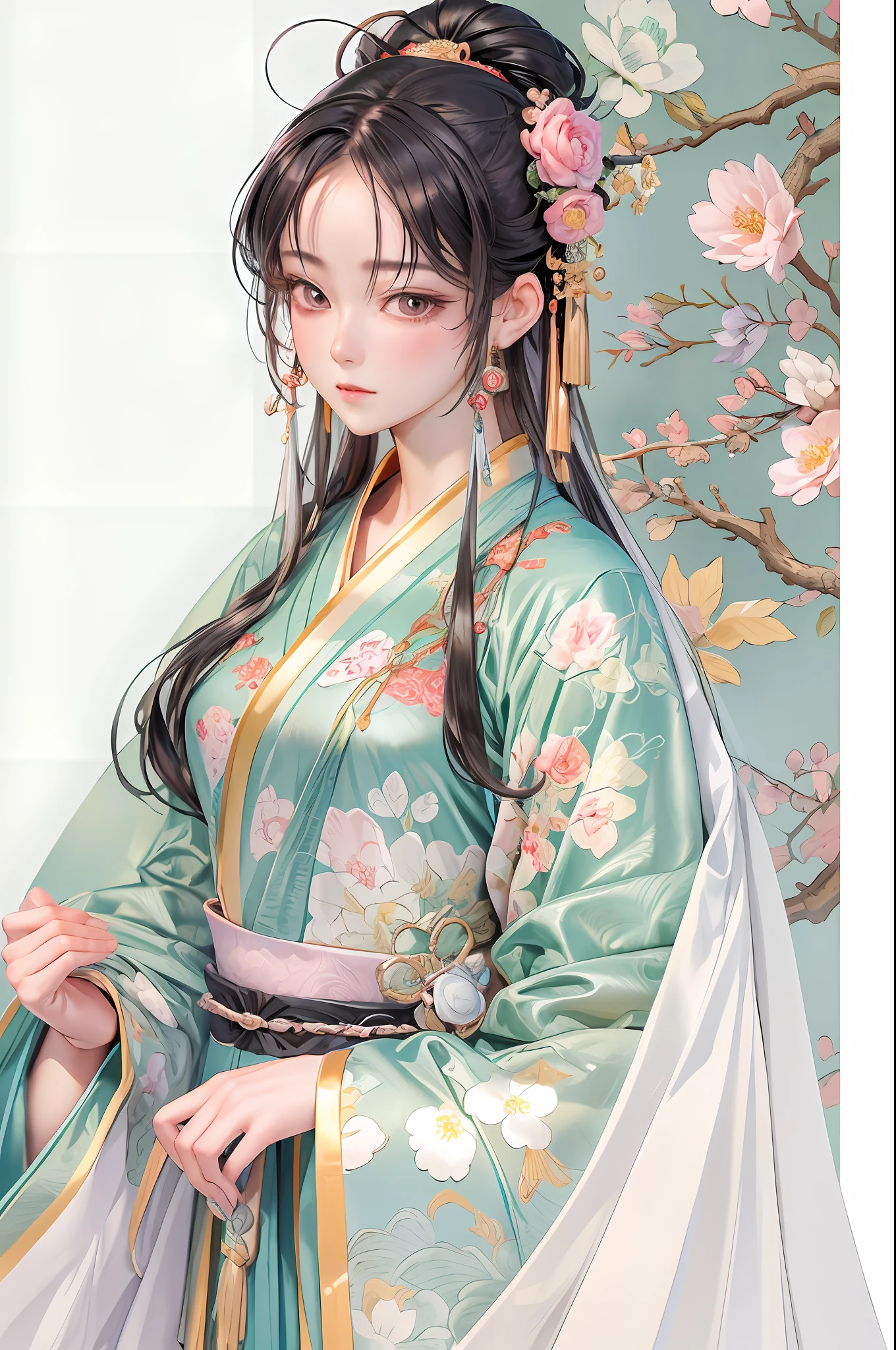 Masterpiece, highest quality, official art, 8k wallpaper, RAWE extreme detail, illustration, 1 woman, Lin Daiyu, Hanfu, melancholy eyes