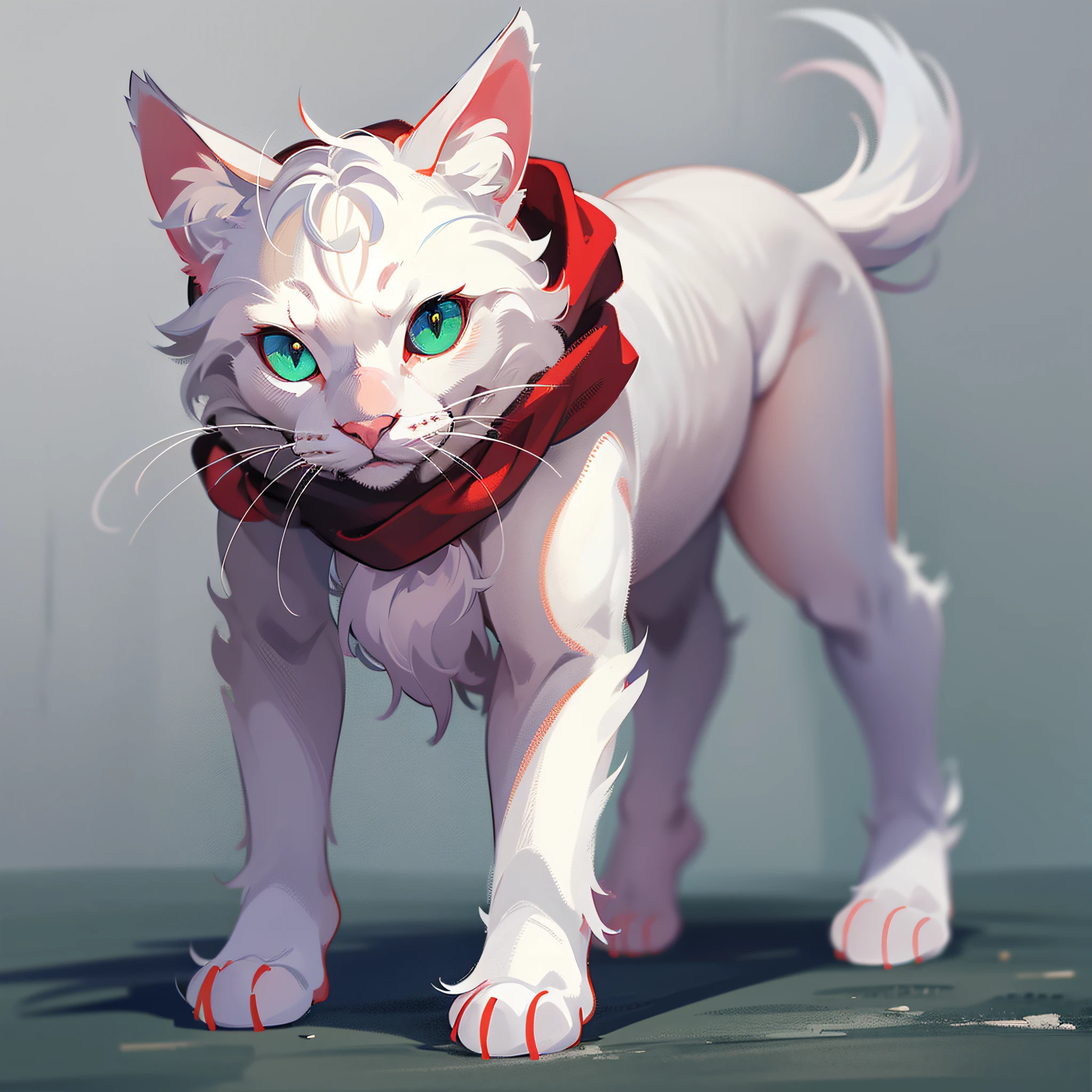 white cat, very cute, walking on 4 legs, full body concept, scarf red, green eyes, a scar in one of his eyes, totally white background, transparent png background scenario