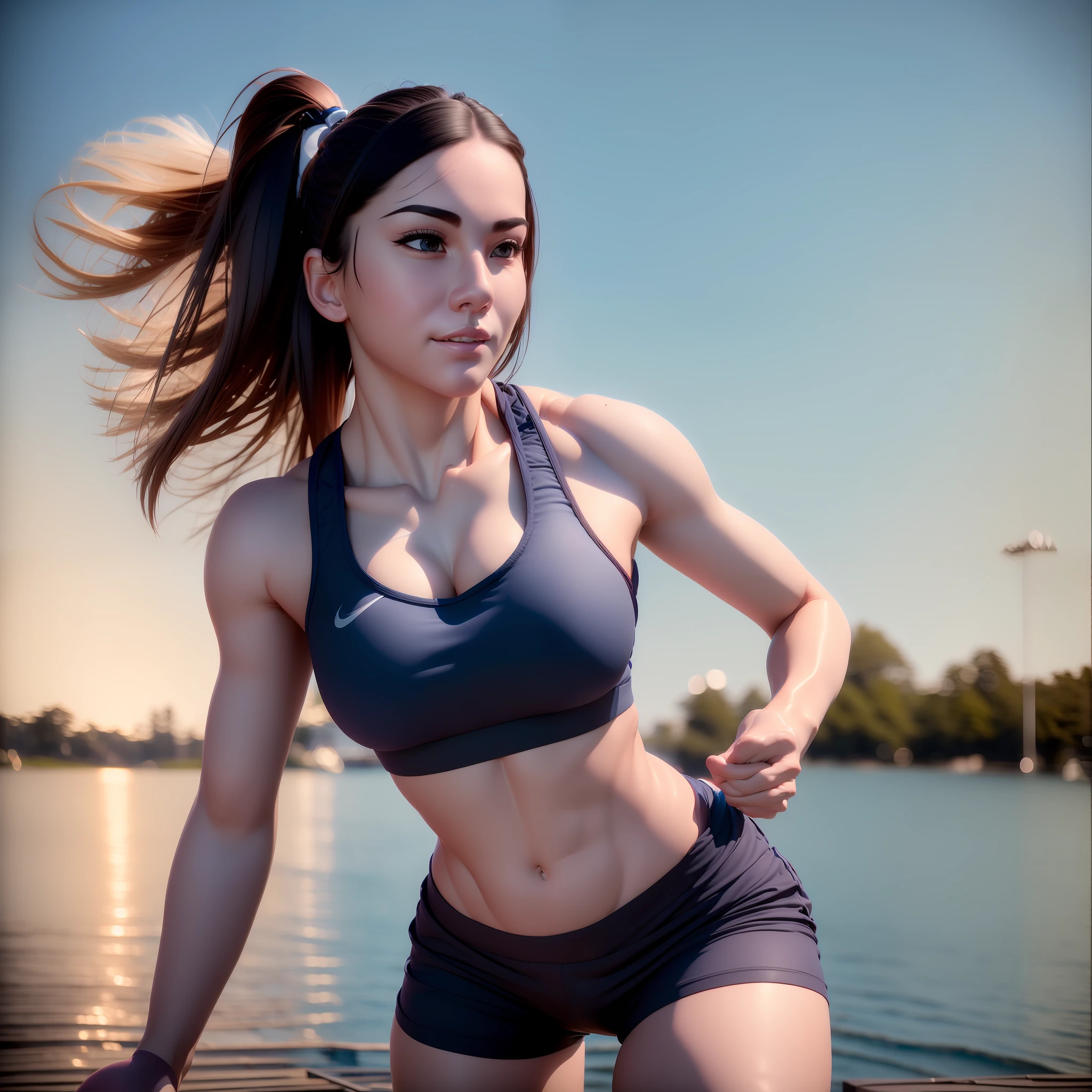 A young woman runs along a lake, The sky is blue, She is wearing a sports bra and shorts, (Masterpiece:1.2) (photorealistic:1.2) (best quality) (intricate details) (8K) (High Poly) (Raytracing) (Cinema Lighting) (Sharp Focus) (Detailed Face)
