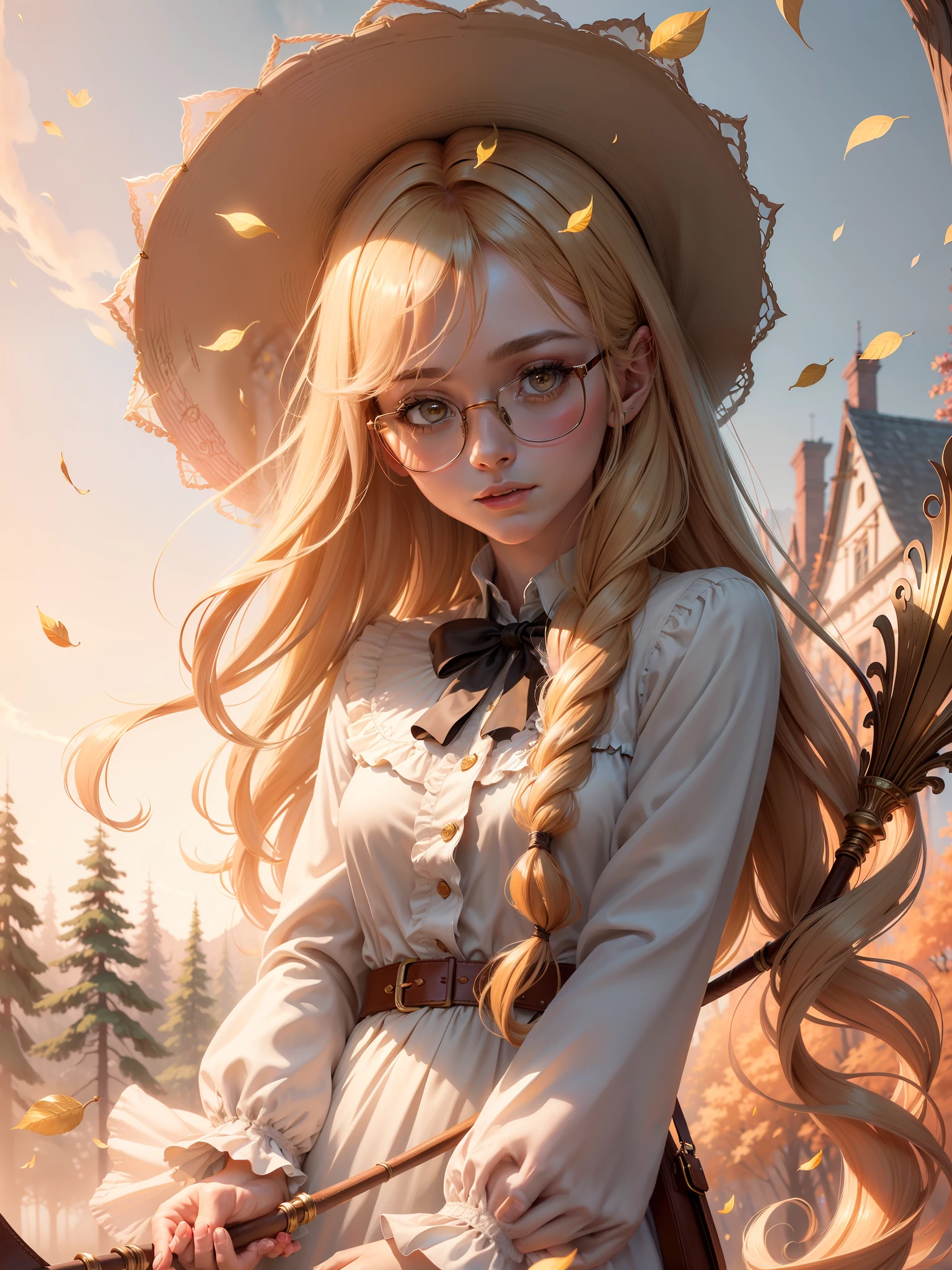 Masterpiece, best quality, (very detailed CG Unity 8k wallpaper) (best quality), (best illustration), (best shadow) Delicate leaves of nature petals of various colors falling in the air Light tracking, super detailed , long colored hair, golden eyes, blouse , golden-framed glasses , natural hands , gold wire eyes , staff in right hand , only one staff , satchel leather satchel, --v6