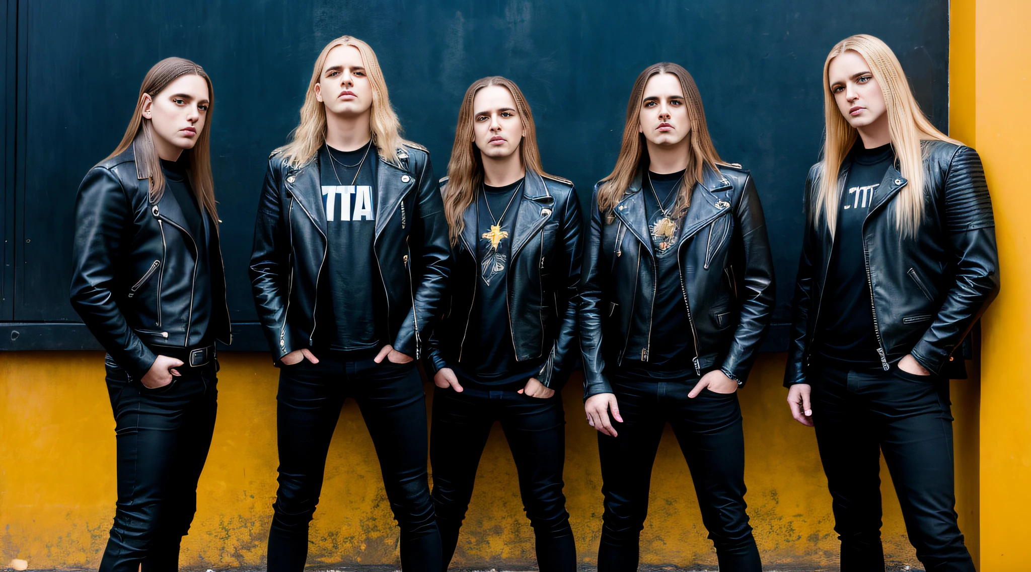 a group of young boys, in leather jacket and black clothing, with long blonde hair, standing in front of a wall, dream theater, new wave of british heavy metal, doom metal, heavy rock band promo photo, heavy metal band promo, sotn, sf, u. h. d, infernal, dramatic art, remastering, pentagram,  apocalypse, print ready, slayer, a bald head, promotional image