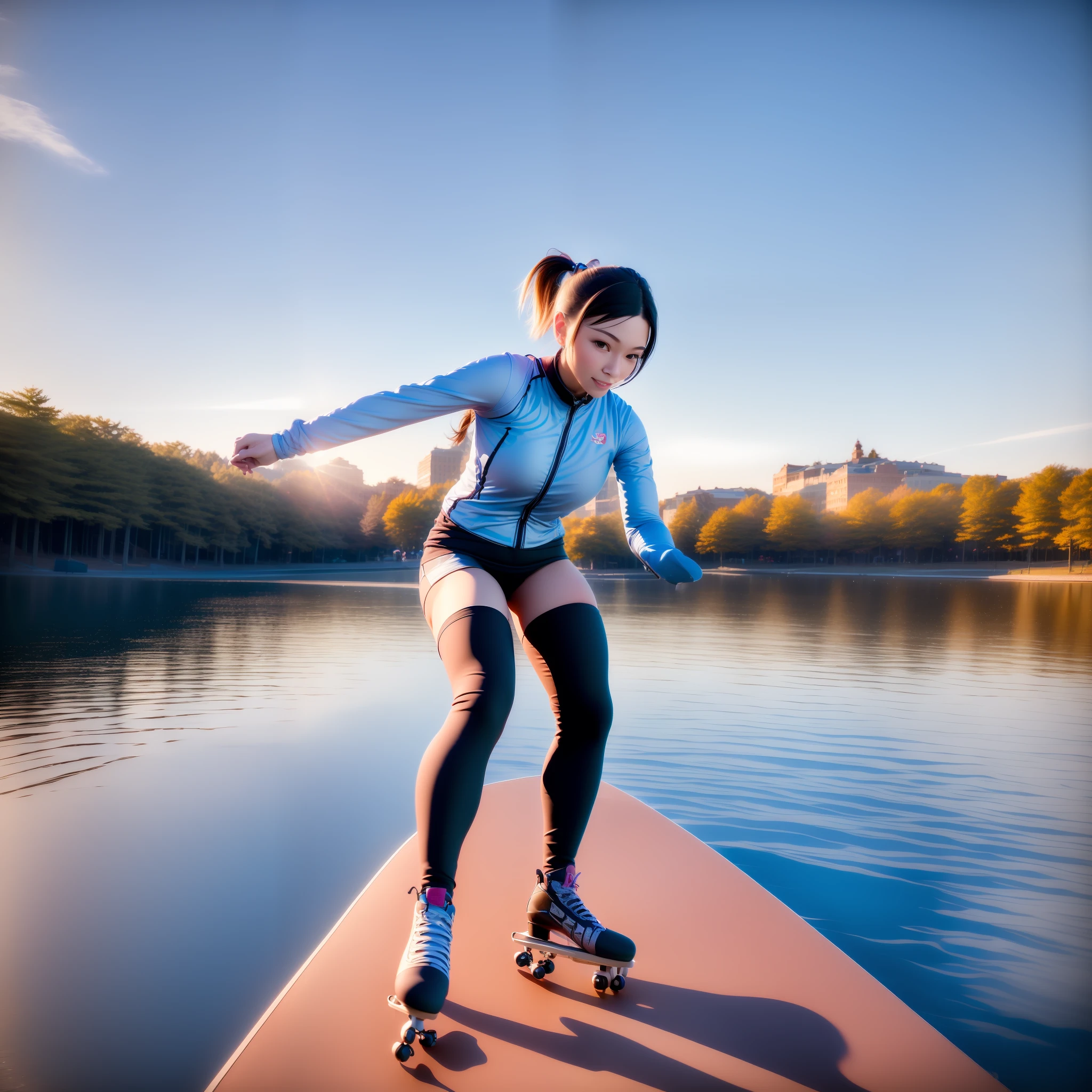 A young woman skating on a lake, The sky is blue, (Masterpiece:1.2) (photorealistic:1.2) (best quality) (intricate details) (8K) (High Poly) (Raytracing) (Cinema Lighting) (Sharp Focus) (Detailed Face)