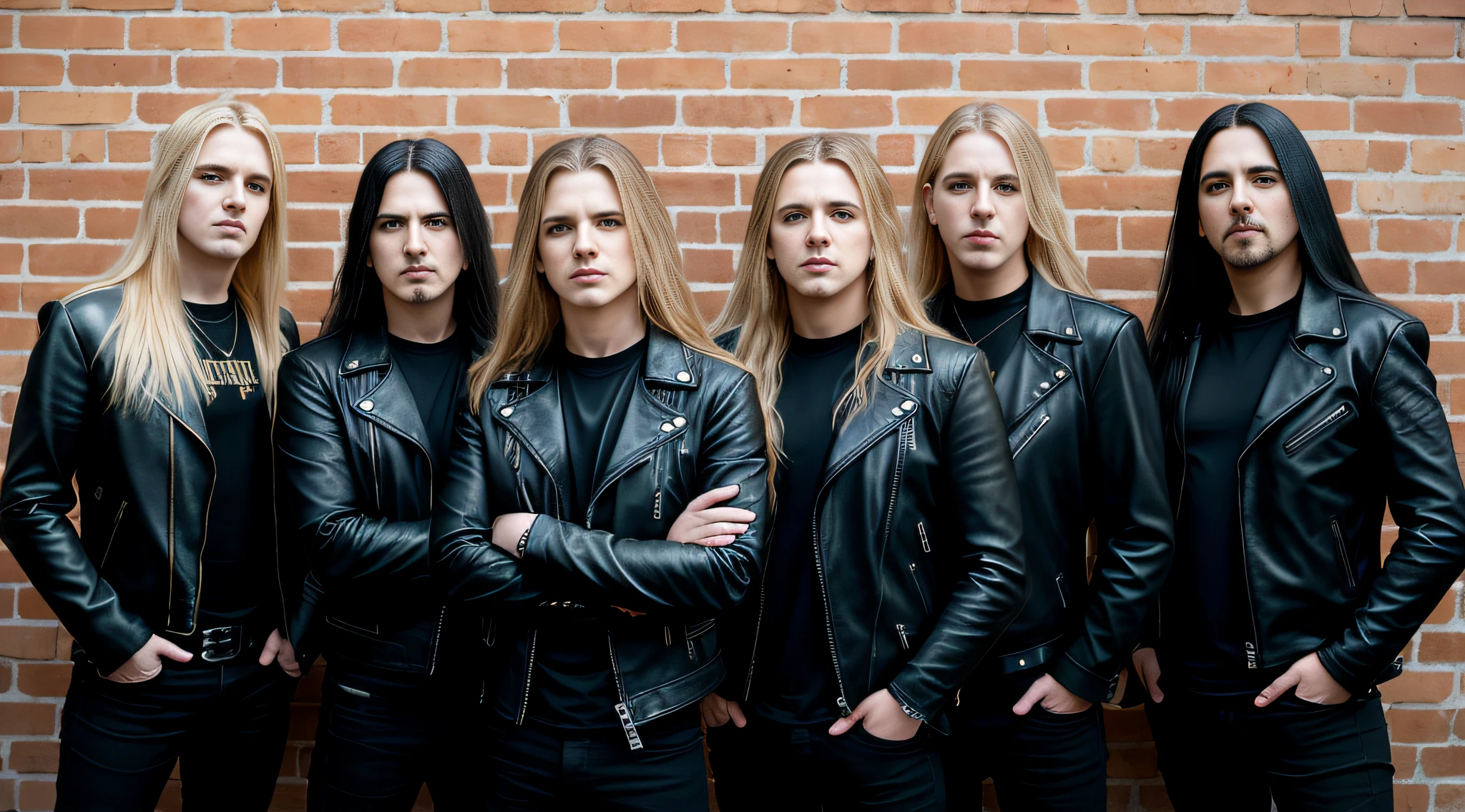 a group of young boys, in leather jacket and black clothing, with long blonde hair, standing in front of a wall, dream theater, new wave of british heavy metal, doom metal, heavy rock band promo photo, heavy metal band promo, sotn, sf, u. h. d, infernal, dramatic art, remastering, pentagram, apocalypse, print ready, slayer, a bald head, promotional image