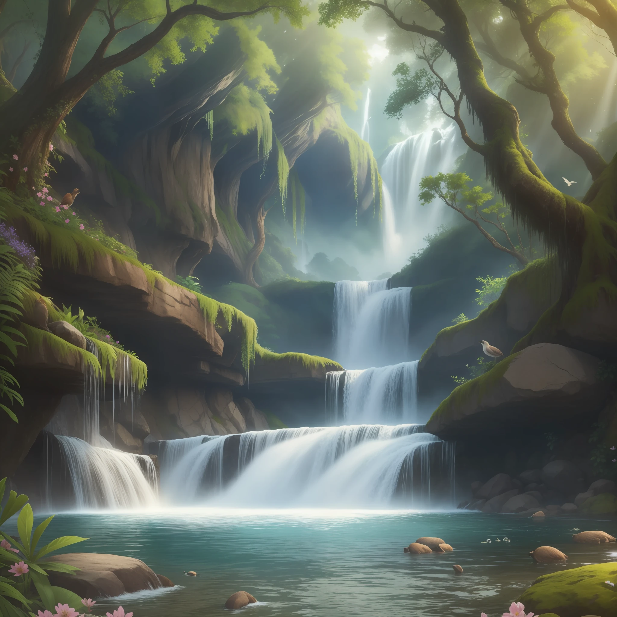Realistic, fauna, forest, elements natures waterfall, water, detailed, animals, clouds, birds, cheerful.
