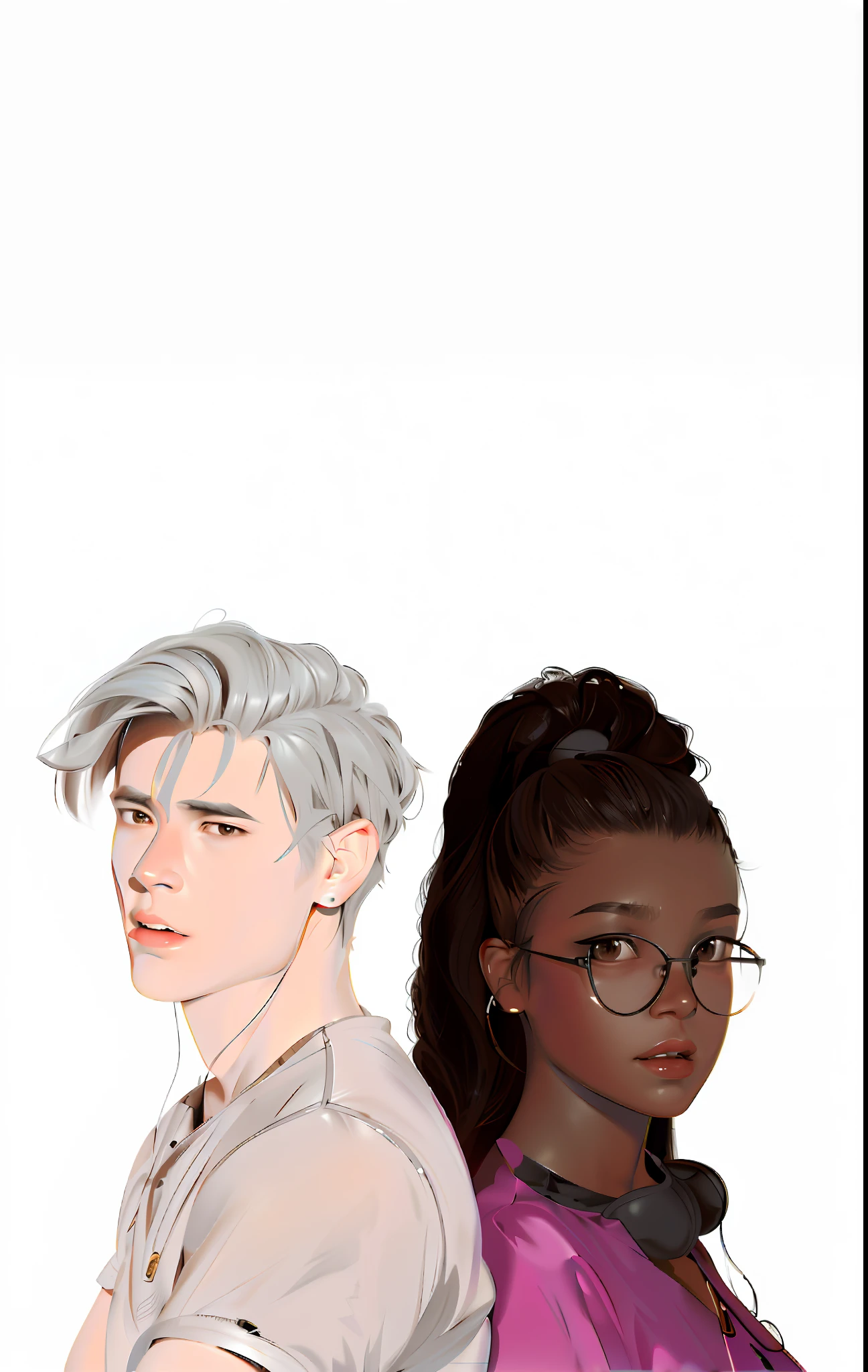 there are two people that are standing next to each other, medium shot of two characters, official fan art, official fanart, mostly greyscale, high quality fanart, characters merged, realistic artstyle, random characters, two characters, halfbody portrait, realistic shaded, in the art style of bowater, solo portrait 🎨🖌️, random background scene