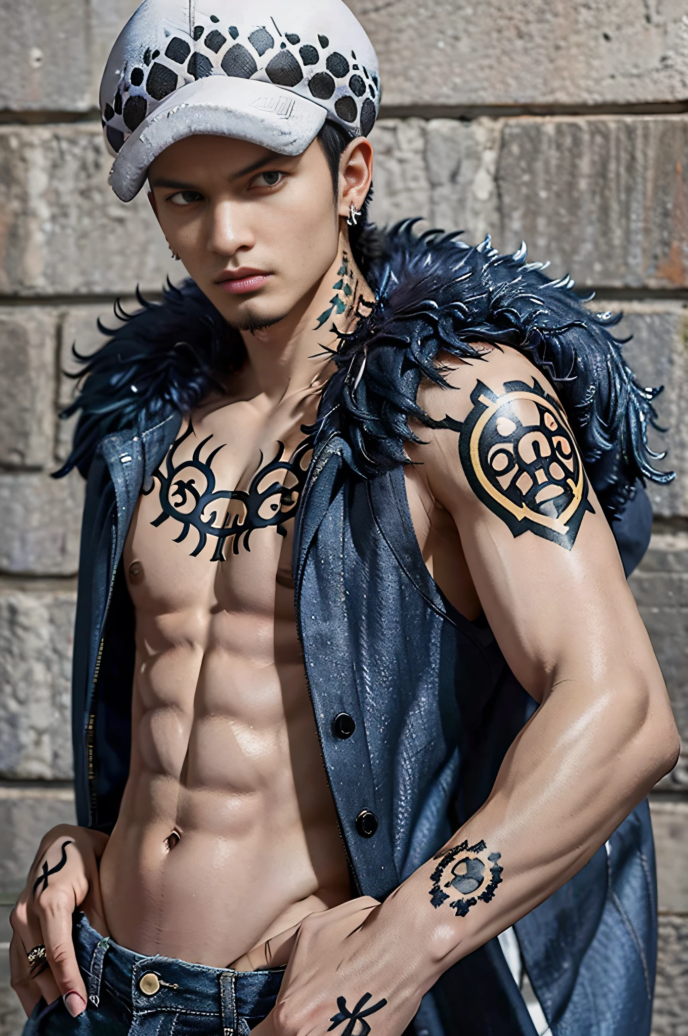 masterpiece, best quality, 8k, highestres, absurdres, extremely detailed, trafalgar law, 1boy, 1sword, solo, looking at viewer, short hair, medium built, hat, navel, earrings, midriff, pants, coat, fur trim, denim, jeans, shoulder tattoo, hand tattoo, finger tattoo, black fur-trimmed coat, coat on shoulders, tank top,///,