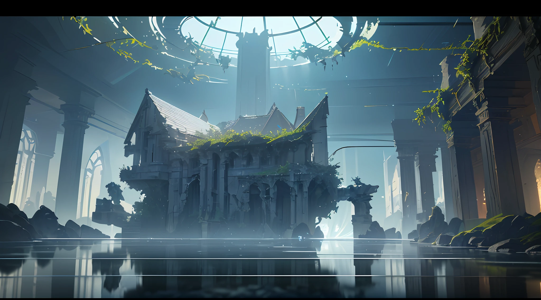 (8k, RAW photo, best quality, masterpiece:1.2), (realistic, photo-realistic:1.37), octane render, ultra high res, ultra-detailed, professional lighting, photon mapping, radiosity, physically-based rendering, ue5, ((island sanctuary)), ((ancient fallen kingdom)), ((reflections in water)), ((raytracing)), ((drowned city))