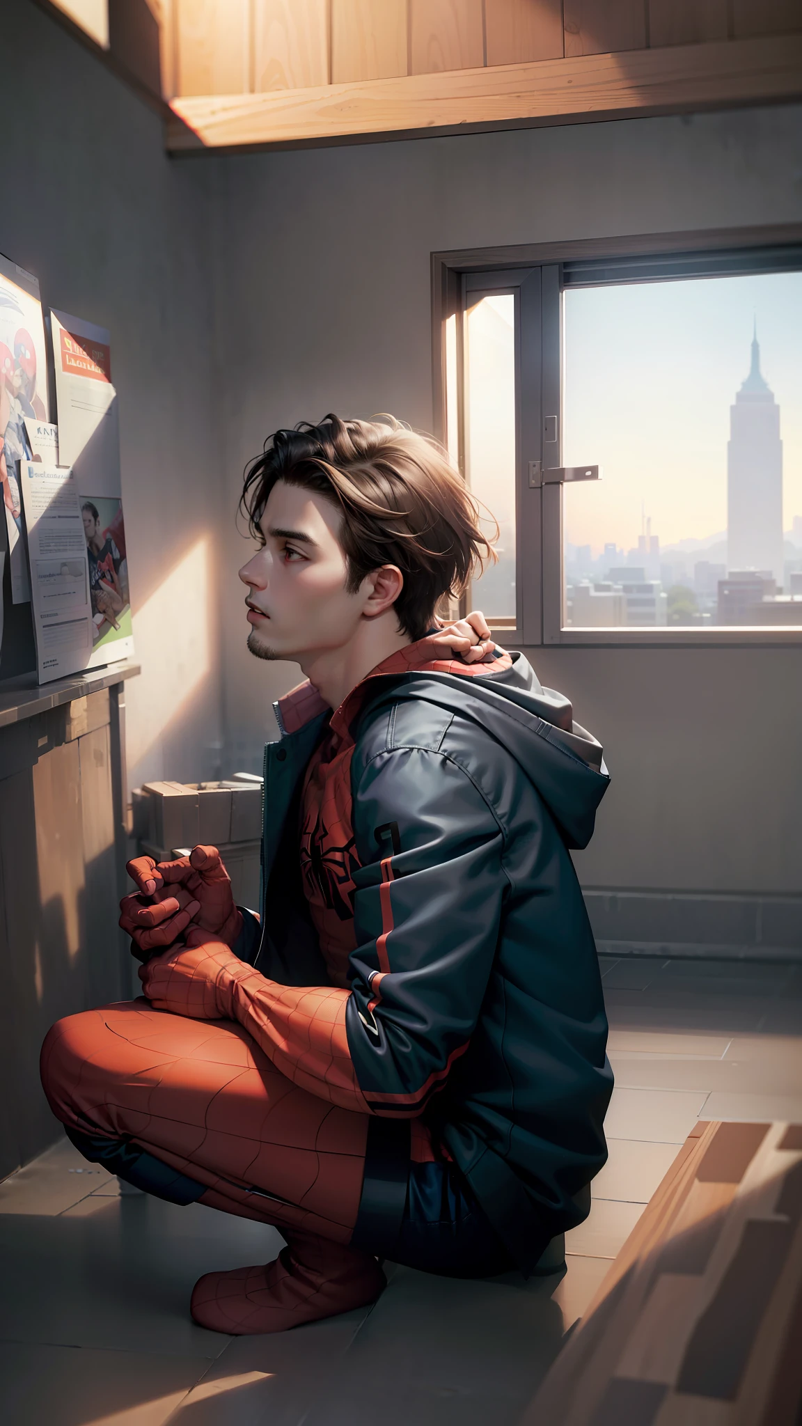 (masterpiece, best quality:1.2), solo, male focus, 1boy, expressionless, looking at viewer, squatting, short hair, (streaked hair:1.1), red eyes, spider suit, spider web print, spider web, rooftop