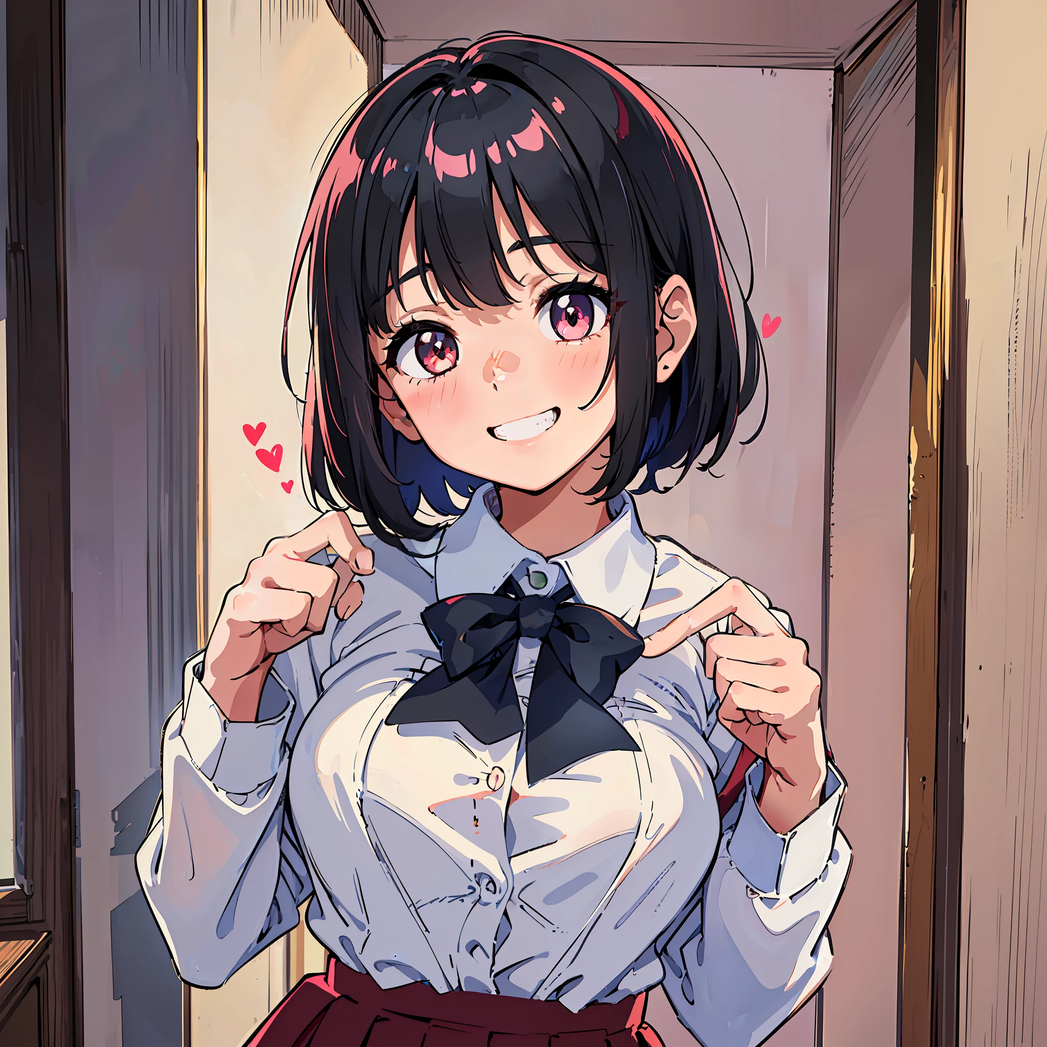 Little sister, cute bra, 8K, best quality, 16 years old, smile, looking at camera, red cheeks, (((school uniform)), embarrassed, delicate hands, home, love brother, black hair, bob hair, bragging breasts, taking off clothes and showing off breasts, chest sticking out pose, cute pose, eyes are heart, grin