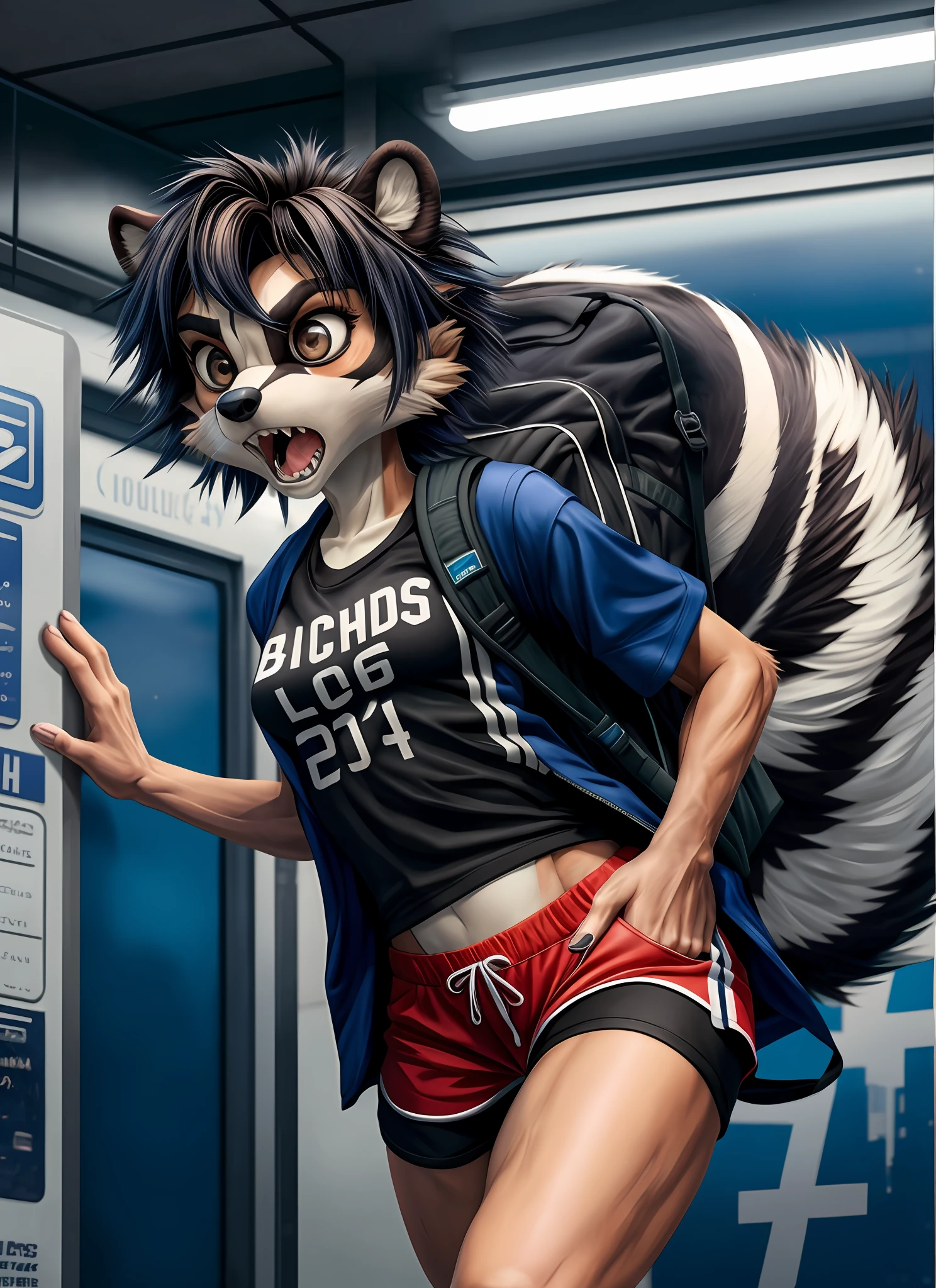 full body,girl gamba,skunk,sportswear,t-shirt rock,backpack prera on the back,tenys all stars,metro station,slim body,small breasts,leg shorts torn,black sports coat,expression of anger,light brown eyes,large eyelashes