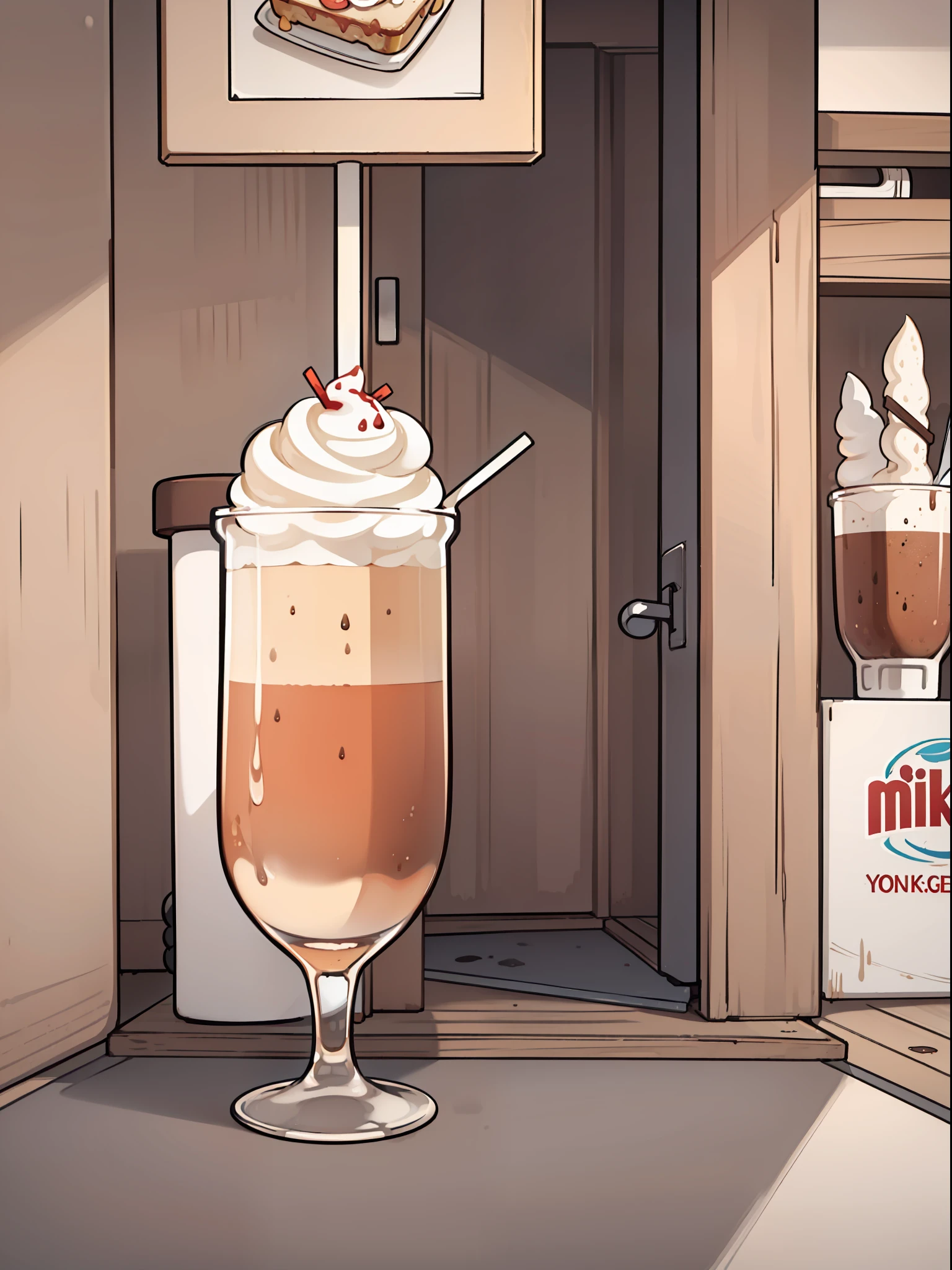 ultra detailed,masterpiece,best quality,a perfect advertisment of a milk shake, restaurant background,