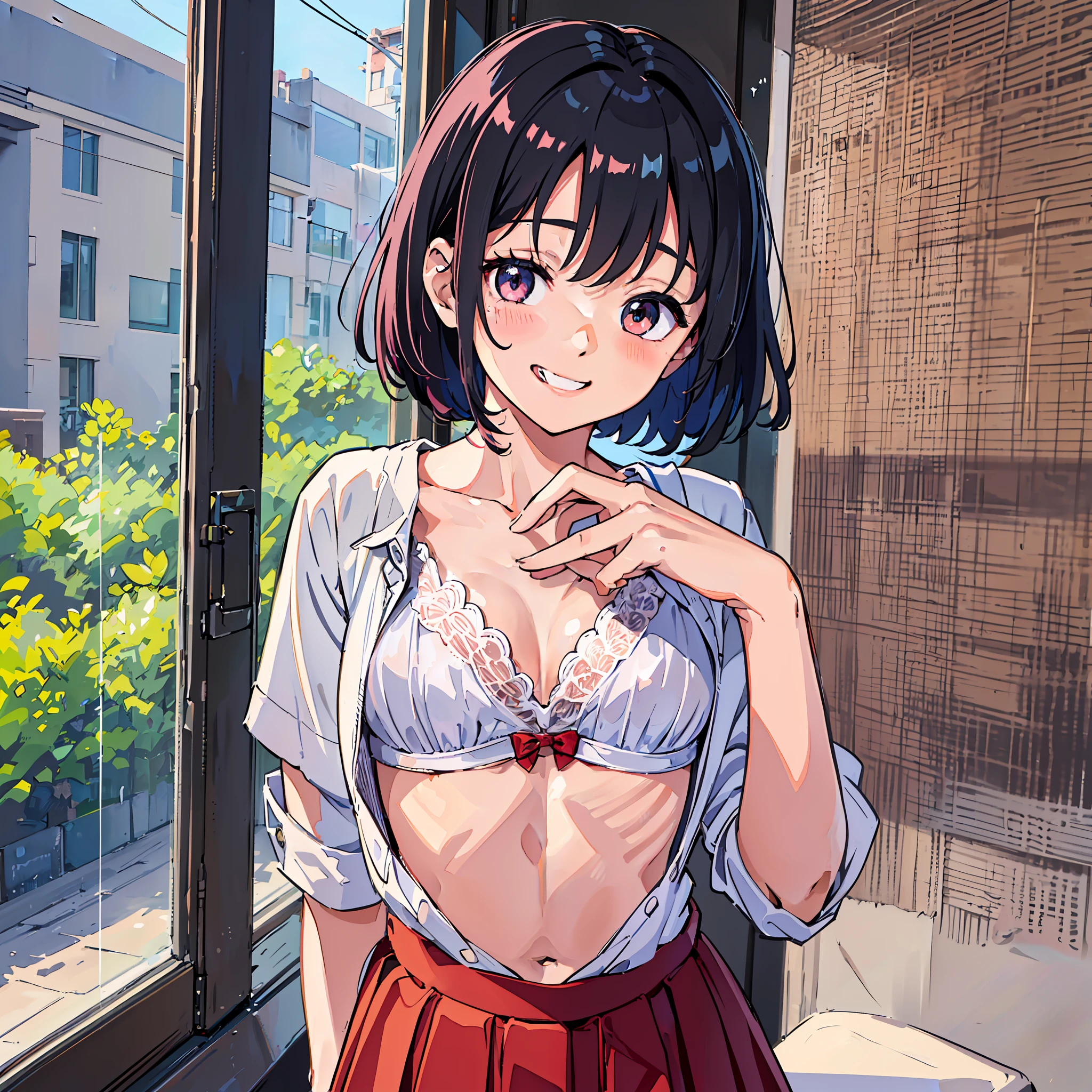 Little sister, cute bra, 8K, best quality, 16 years old, smile, looking at camera, red cheeks, (((school uniform)), embarrassed, delicate hands, home, love brother, black hair, bob hair, bragging breasts, taking off clothes and showing off breasts, chest sticking out pose, cute pose, eyes are heart, grin