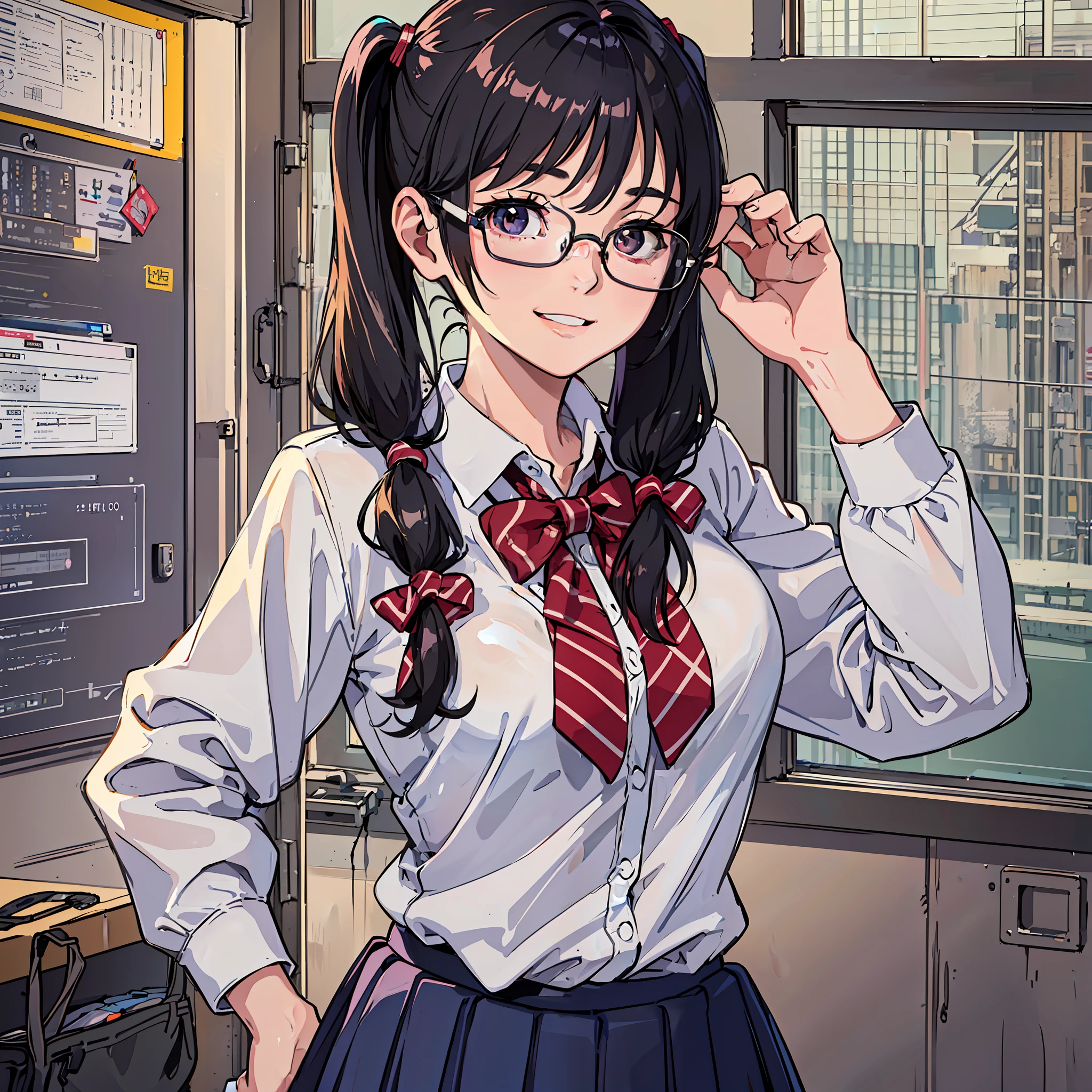 brooding, troubled face, (((school uniform)), glasses, cute underwear, 8K, best quality, ************, smile, looking at camera, delicate hands, classroom, big breasts, snappy hair, pigtails, sober, chest protruding pose, neat and clean