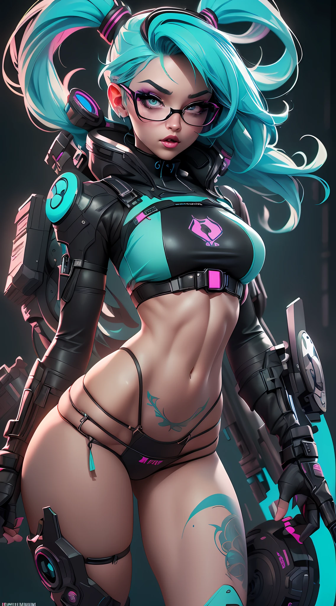 ((Best Quality)), ((Masterpiece)), ((Realistic)) and ultra-detailed photography of a 1nerdy girl with goth and neon colors. She has ((turquoise hair)), wears a (tech-wear top) and a (black thong, black g string) , ((beautiful and aesthetic)), muscular abs, sexy, under-boobs, hot (by Thomas Benjamin Kennington), ( by Pixelsketcher), (by Bayard Wu)