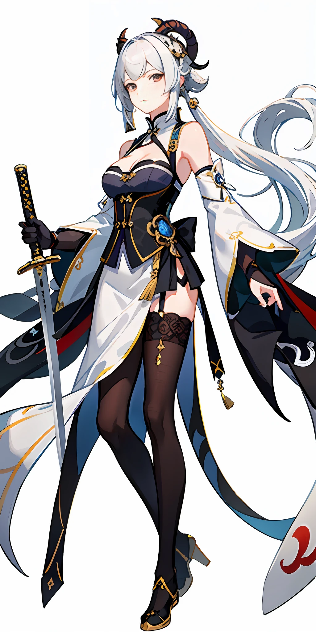 (top quality, masterpiece, white background, Genshin) White hair, Chinese style costume, Genshin, Black eyes, sheep horn, older sister, bangs tail, expressionless, Yakushi, dark blue clothes, one-handed sword, big, cleavage, tights, long bangs, shoulder out, water, light blue jewelry