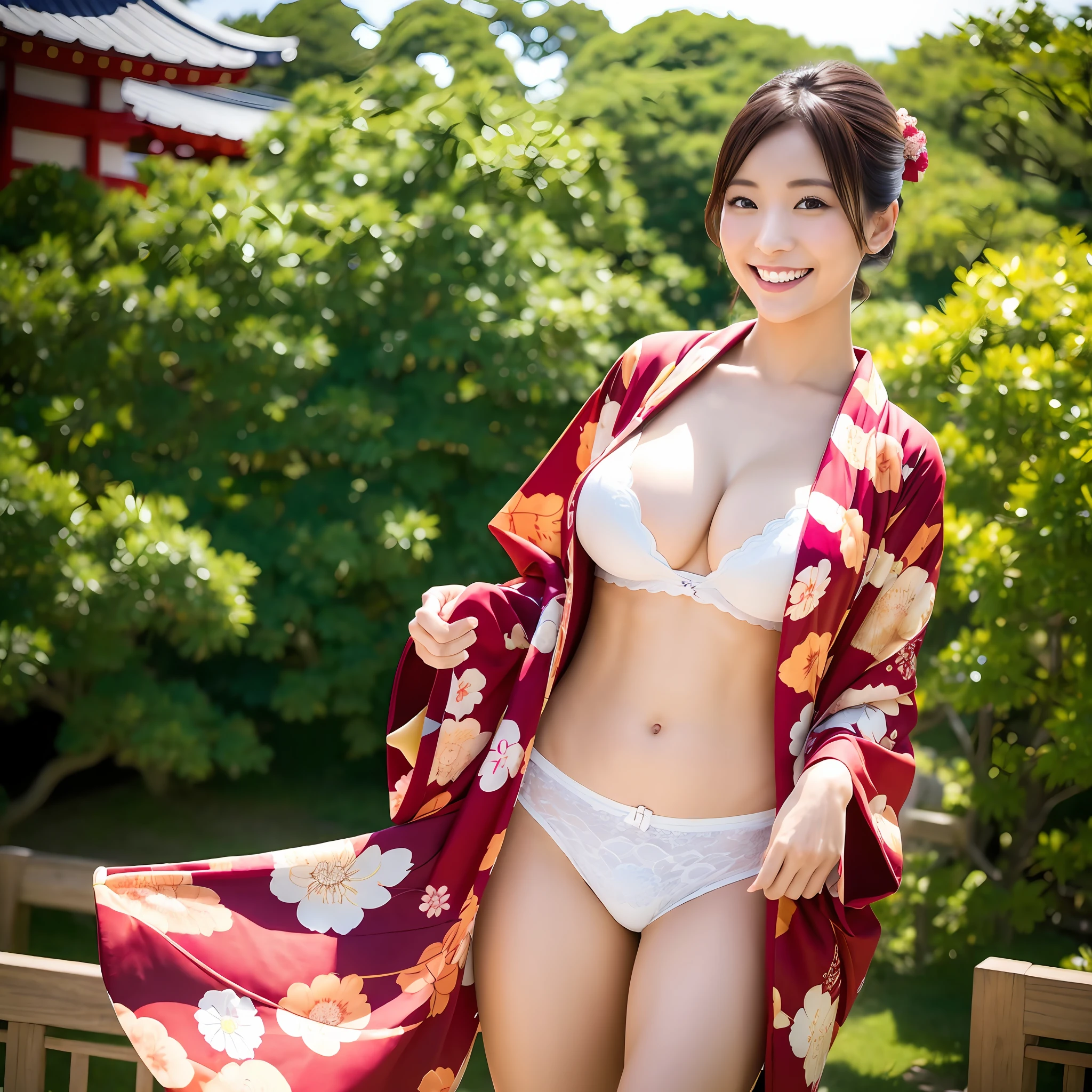 Beautiful Japan woman, kimono fluttering and underwear visible, big breasts, top quality, masterpiece, super high resolution, photorealistic, looking at horizon, smiling, legs open, legs open and pants visible, --auto --s2