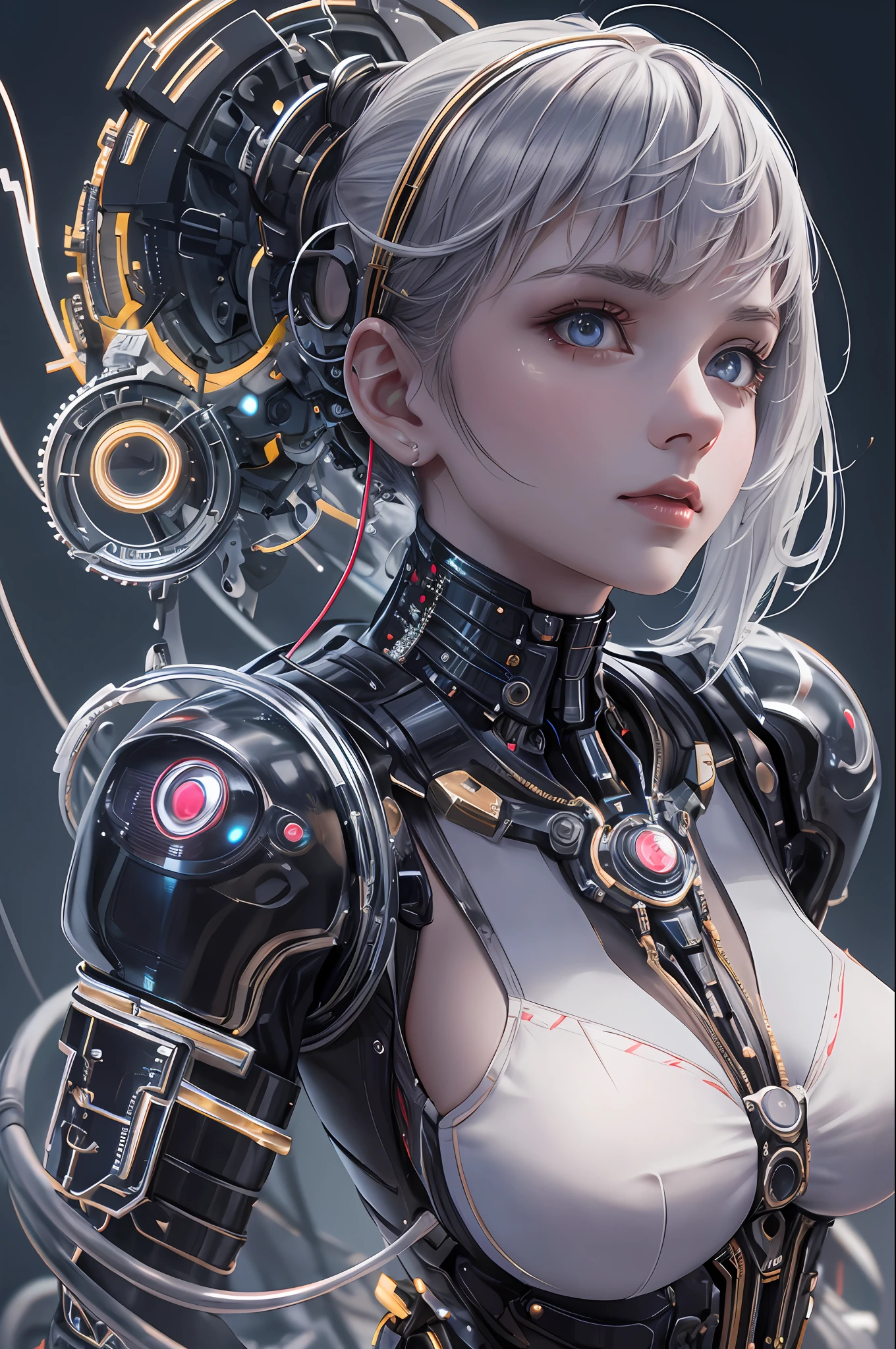 1mechanical girl,((ultra realistic details)), portrait, global illumination, shadows, octane render, 8k, ultra sharp,metal,intricate, ornaments detailed, cold colors, egypician detail, highly intricate details, realistic light, trending on cgsociety, glowing eyes, facing camera, neon details, machanical limbs,blood vessels connected to tubes,mechanical vertebra attaching to back,mechanical cervial attaching to neck,sitting,wires and cables connecting to head