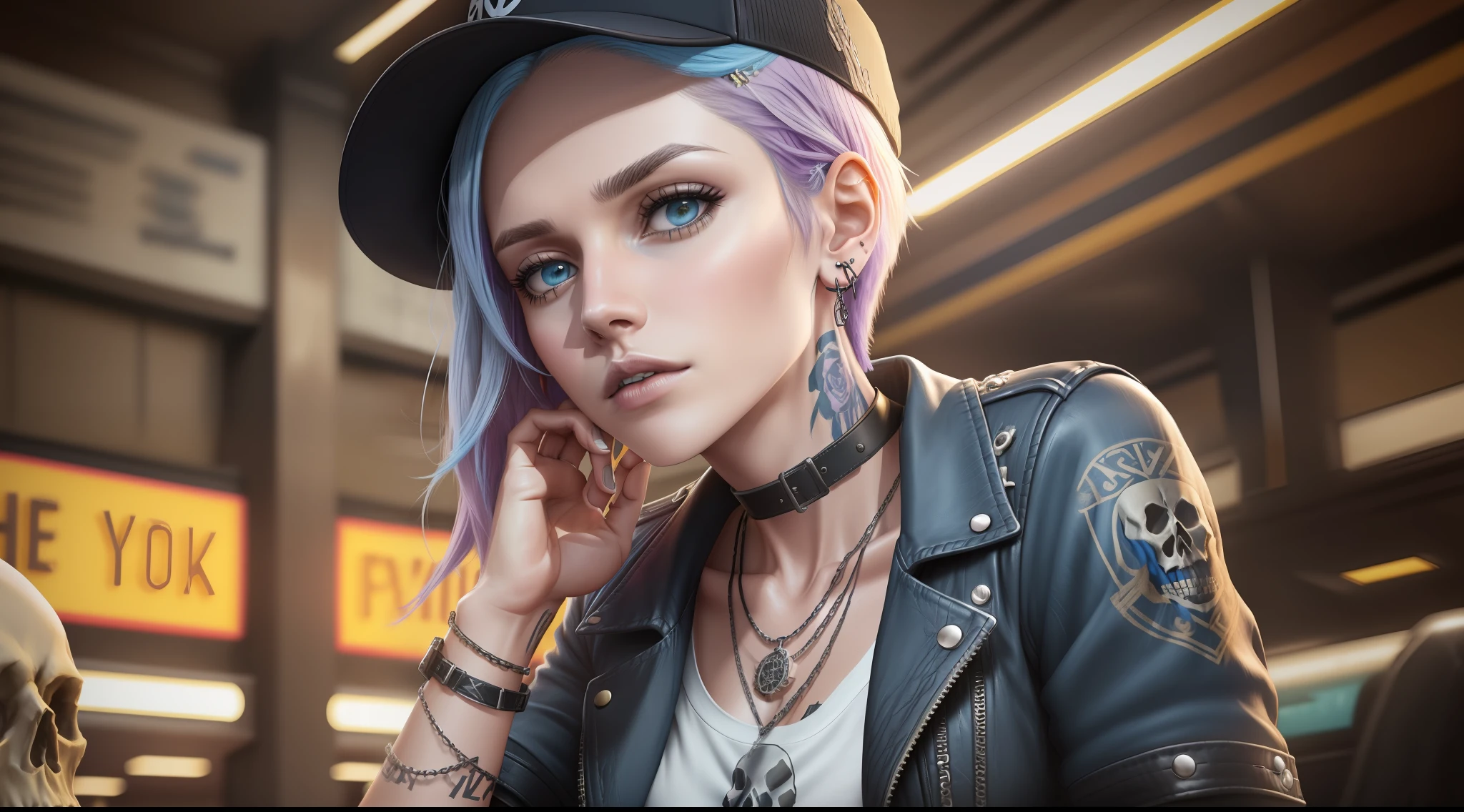 Chloe Price, Grand Central Terminal, cinematic, medium shot, full head in frame, detailed face, detailed eyes, night, punk aesthetic, pale blue ripped jeans, braces, suspenders, black boots, white shirt, skull, heart, necklace, chain, bullets, black leather jacket, cap hat, dark blue cap, tattoo sleeve, right arm, intricate design, flowers, yellowish skull, dyed hair, light purple roots, blue edges, navy blue t-shirt, rock, chick, rendered in 8K resolution for high quality detail, 8K image quality, 8k high resolution image, hyper detailed, super realistic, intricate details