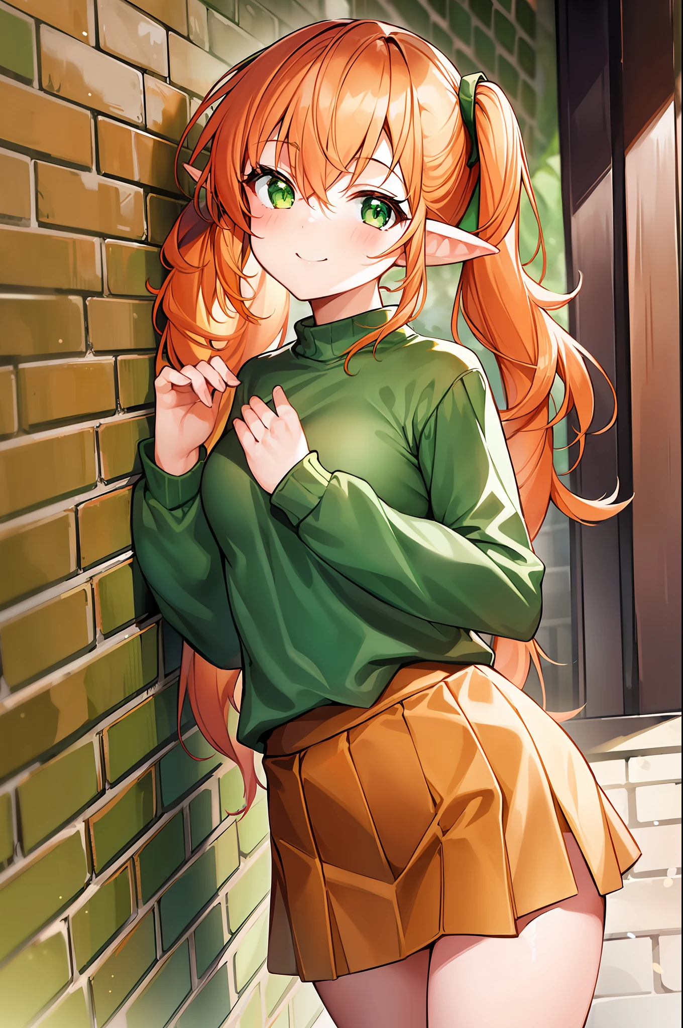 1girl, (medium-small breasts), smiling, blush, light orange hair, pigtails, very long hair, green eyes, orange sweater, green skirt, (pointy ears:1.4), cowboy shot, masterpiece,