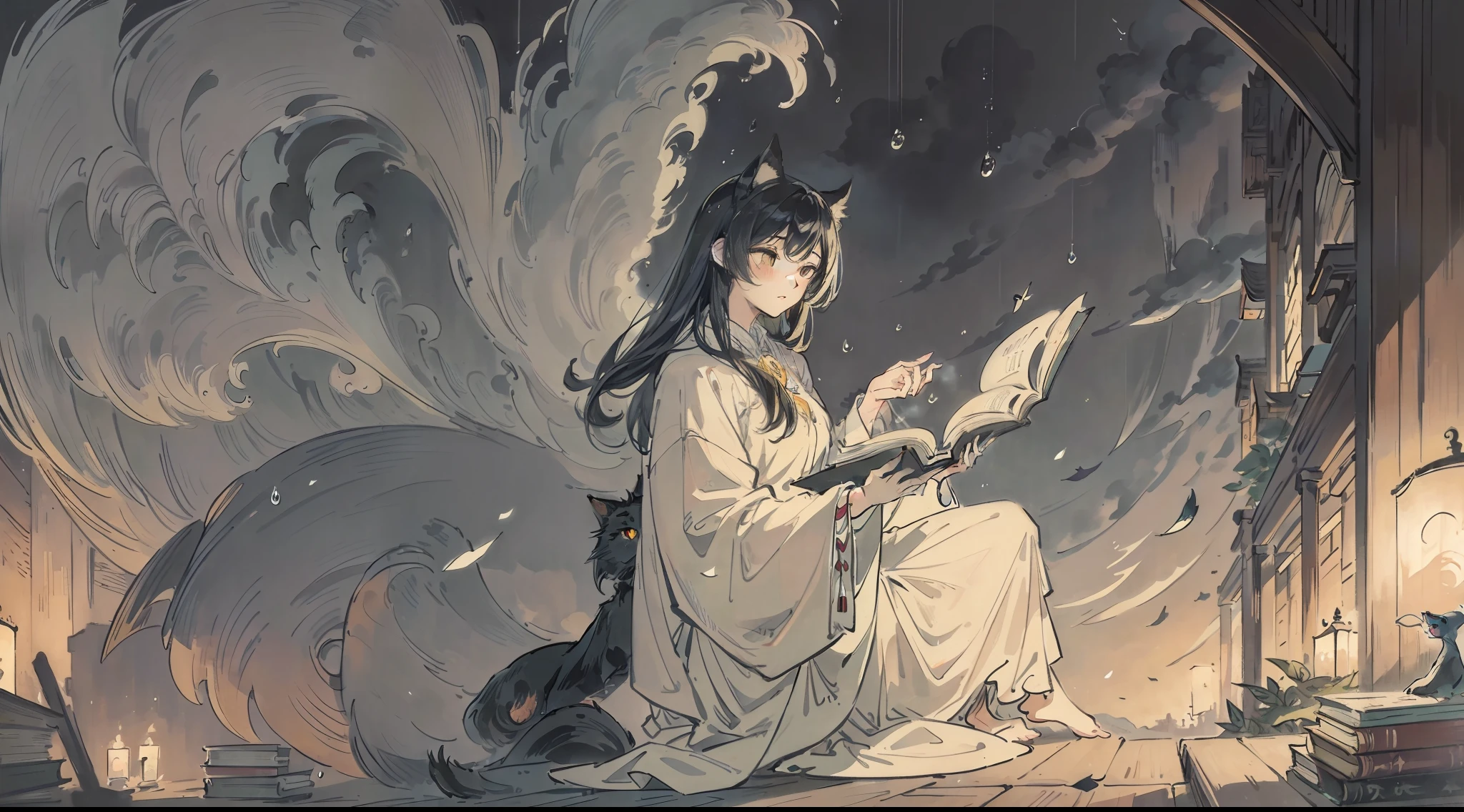 (beautifully illustrated), high quality, virtual art style, dynamic raindrops, strolling night scene, BGM emphasis: waltz, an elegant black and white cat, hiding in a pile of books immersed in reading, wise eyes staring at a page composed of leaves or knowledge flying clouds, noble and rich book aroma romantically permeating around.