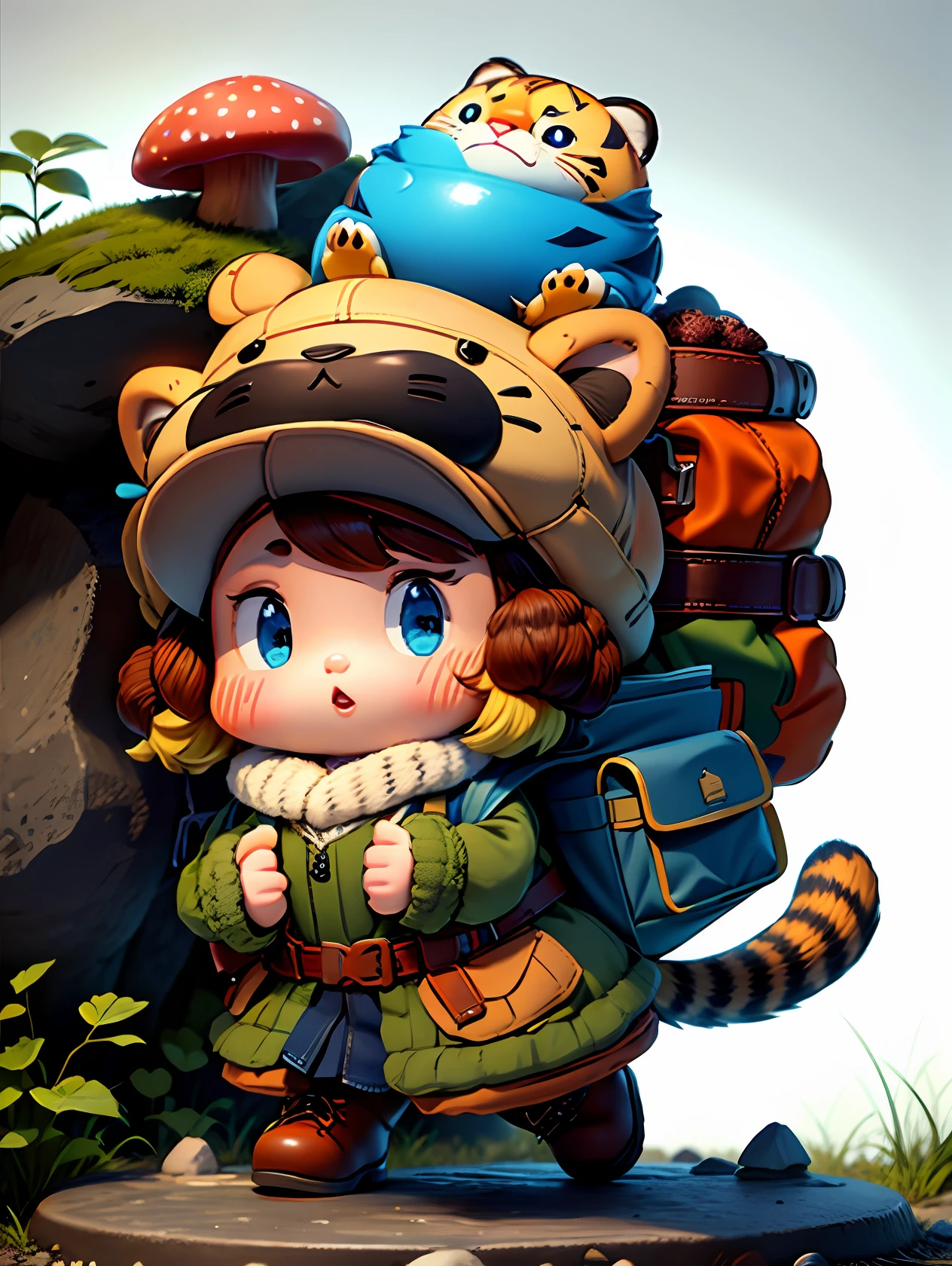 Wearing a brown hiking hat and carrying a huge hiking bag, it is filled with all kinds of necessary mountaineering equipment and toys, the backpack is decorated with dolls, long-barreled hiking boots, a scarf around the neck, and a sweater collar with various logos Jacket, blue jeans, Pixar, popular toys, tiger tail, tiger ears, blind box toys, Disney style, white background, stepping on stones, with plants, mushrooms, stones, exquisite details, realism: 1.3, realistic, intricate, super detailed