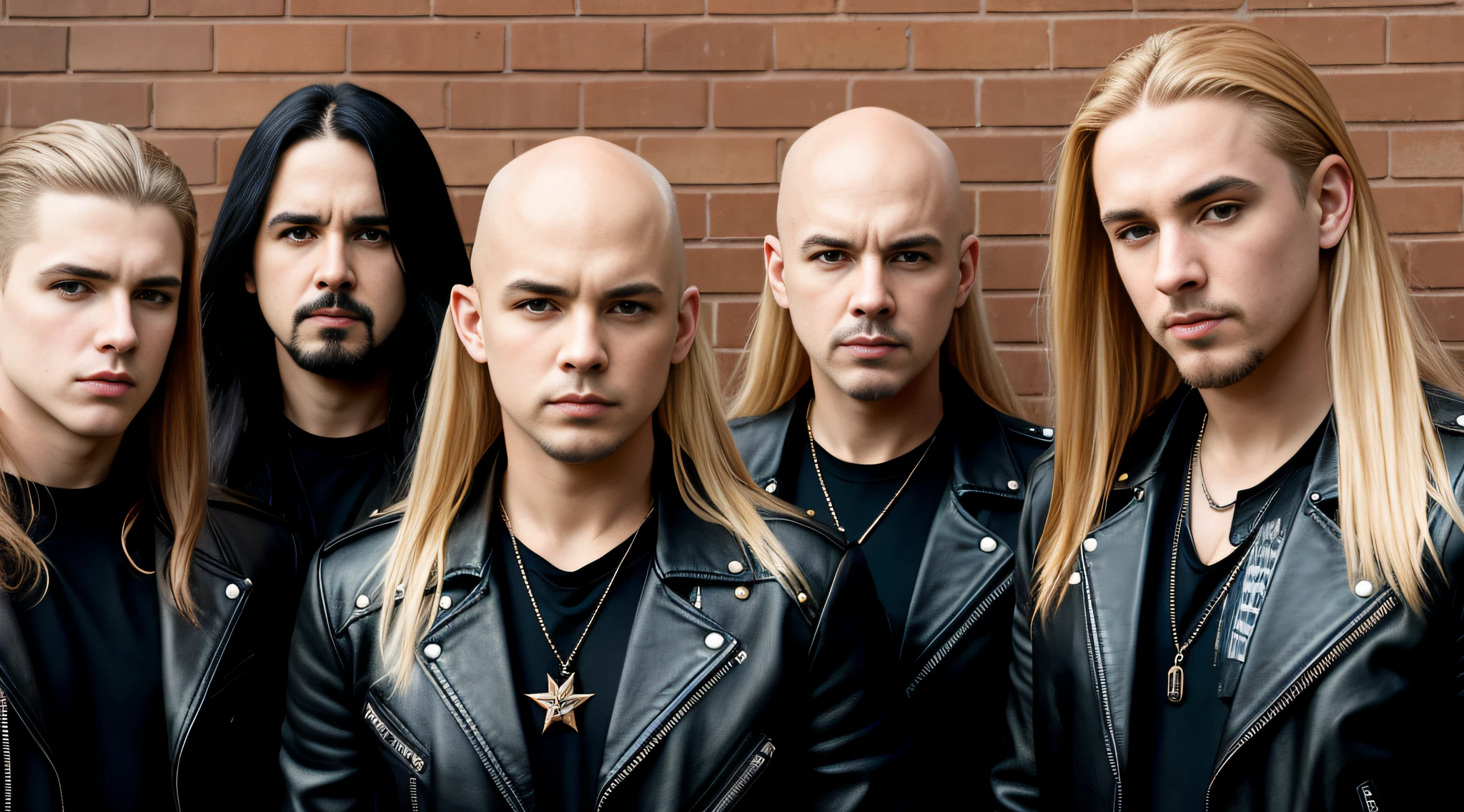 a group of young boys, in leather jacket and black clothing, with long blonde hair, close up, standing in front of a wall, dream theater, new wave british heavy metal, doom metal, heavy rock band promo photo, heavy metal band promo, sotn, sf, u. h. d, infernal, dramatic art, remastering, pentagram, apocalypse, print ready, slayer, a bald head, promotional image