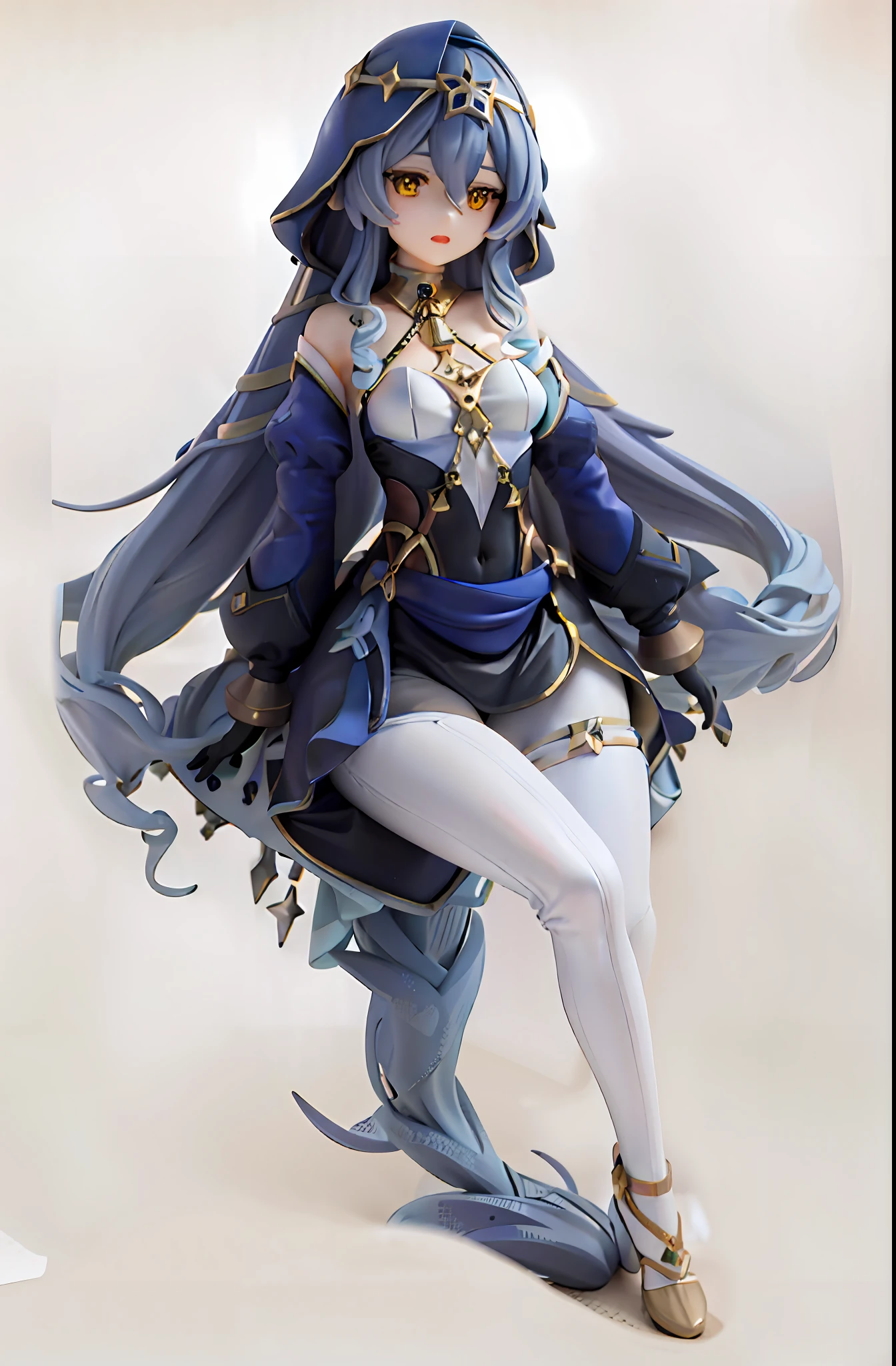 pvc figure, white background, fullbody,layla, yellow eyes, very long blue hair, genshin impact