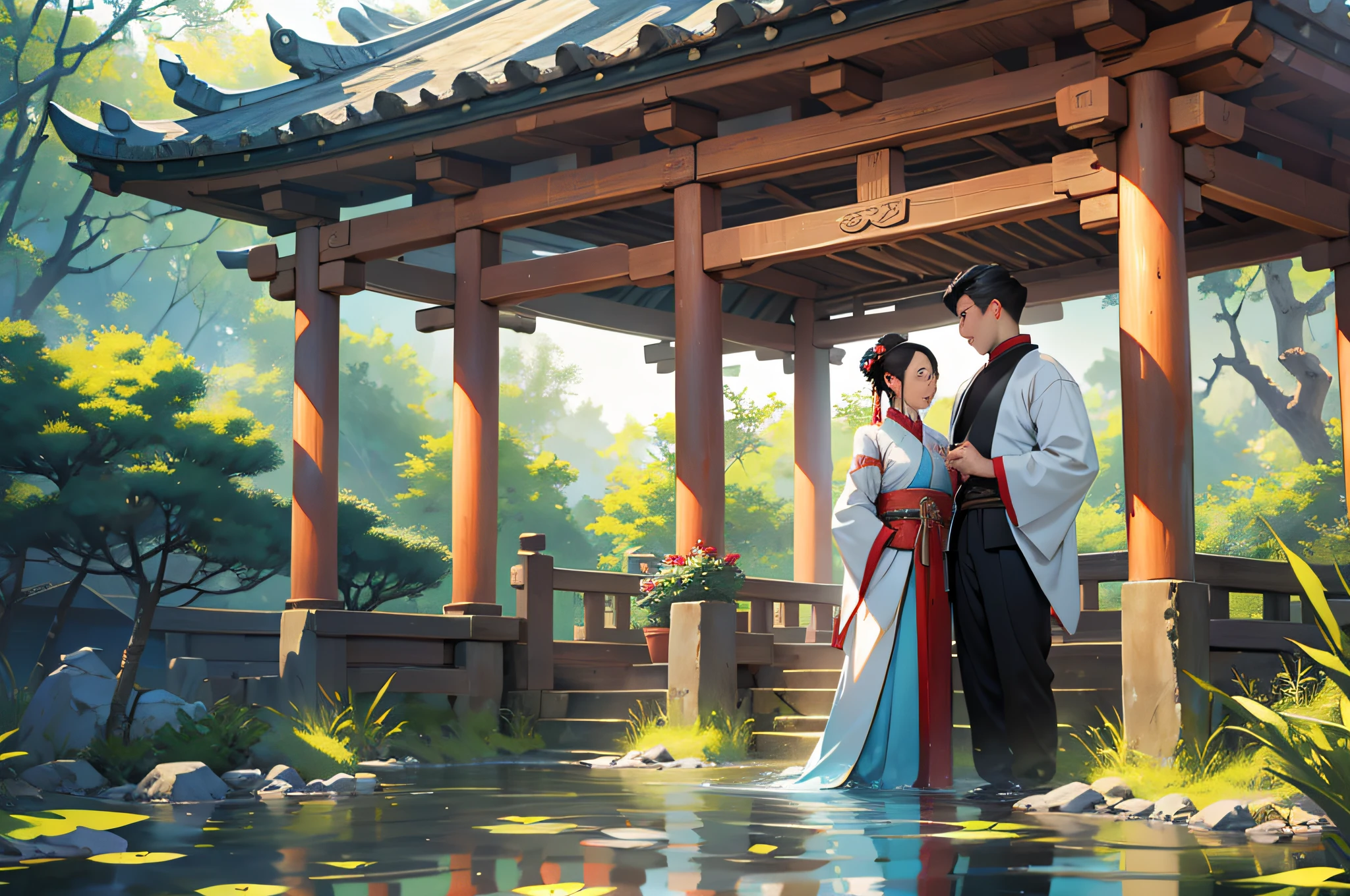 Best Quality, Masterpiece, High Resolution, 1boy, Ancient Chinese, By the Pond, Gazebo, A Young Man and Woman, Cheerful Conversation, 4K, 8K. Chinese ancient style. (High Detail Skin: 1.2), 8K UHD, DSLR, Soft Light, High Quality, Volumetric Light, Voyeur, Photo, High Resolution, 4K, 8K.