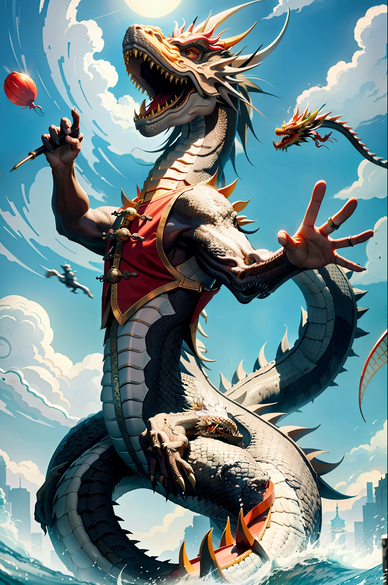 masterpiece, best quality, making friends with the Chinese dragon, fun, happy, bright, loong,