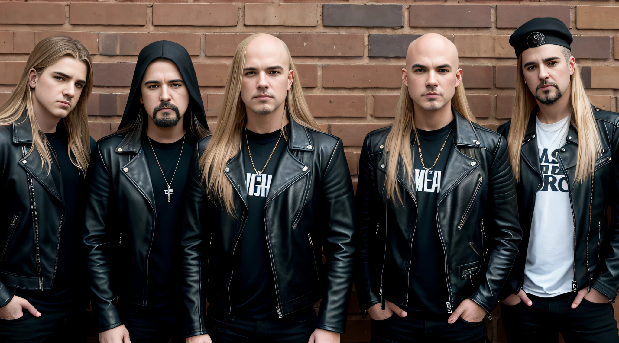 a group of young boys, in leather jacket and black clothing, with long blonde hair, close up, standing in front of a wall, dream theater, new wave british heavy metal, doom metal, heavy rock band promo photo, heavy metal band promo, sotn, sf, u. h. d, infernal, dramatic art, remastering, pentagram, apocalypse, print ready, slayer, a bald head, promotional image