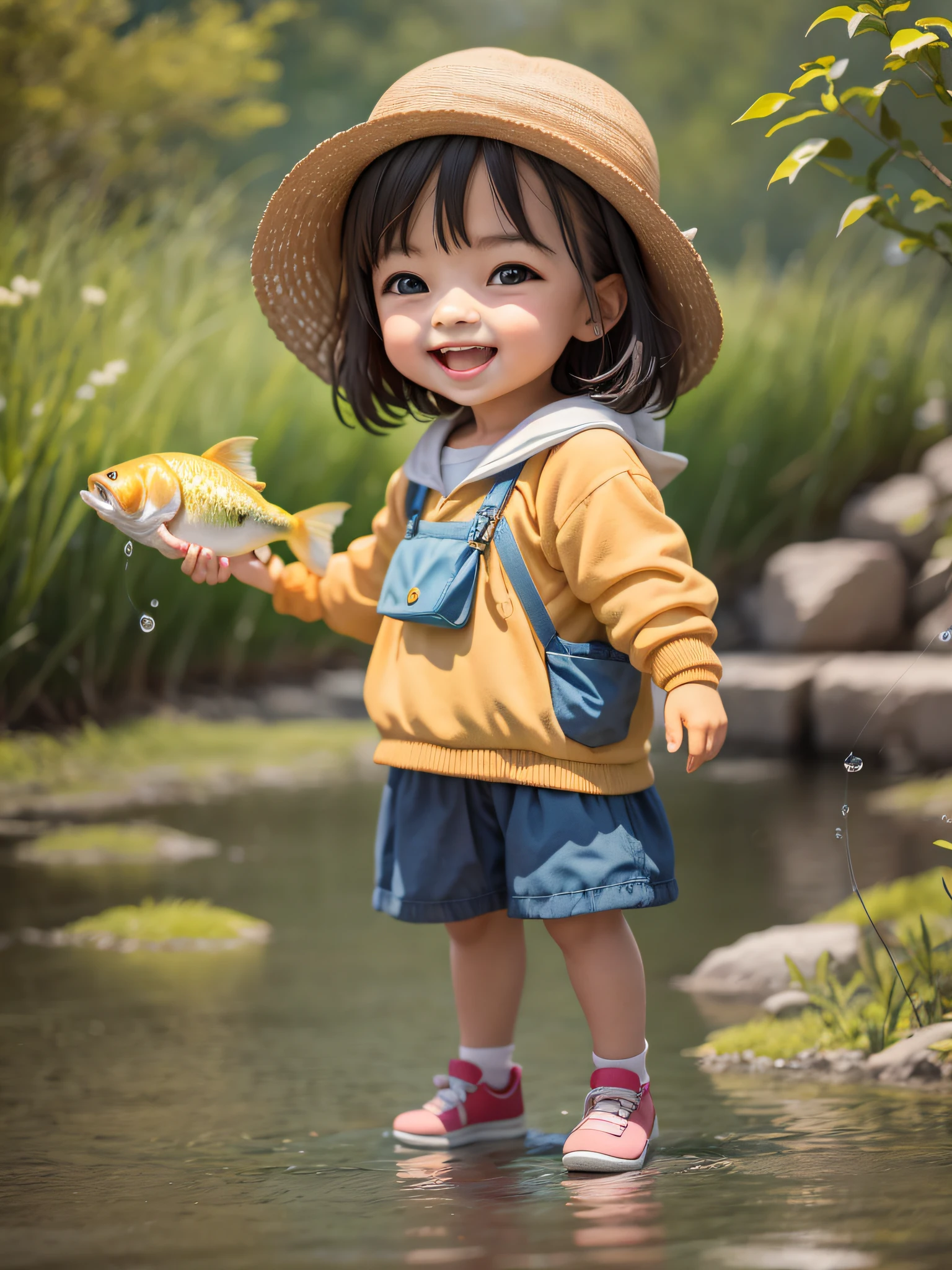 A cute girl was especially happy to catch a fish