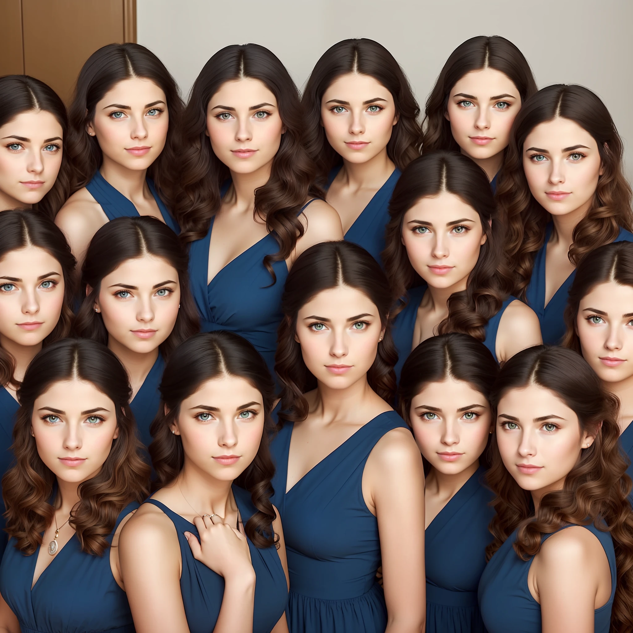 stunning identical sextuplets standing close together, in a room, 25 years old, full body, identical bodies, pale skin, athletic body, identical height, wearing blue sleeveless dress, weaeing white evening gloves, same faces, same hairstyle, long wavy hair, same colour hair, light brown hair, five fingers on each hand, smiling, color, realistic, sharp focus on eyes, sharp focus on nose, 8 k, high definition, insanely detailed, elegant, ultra realistic, photorealism,