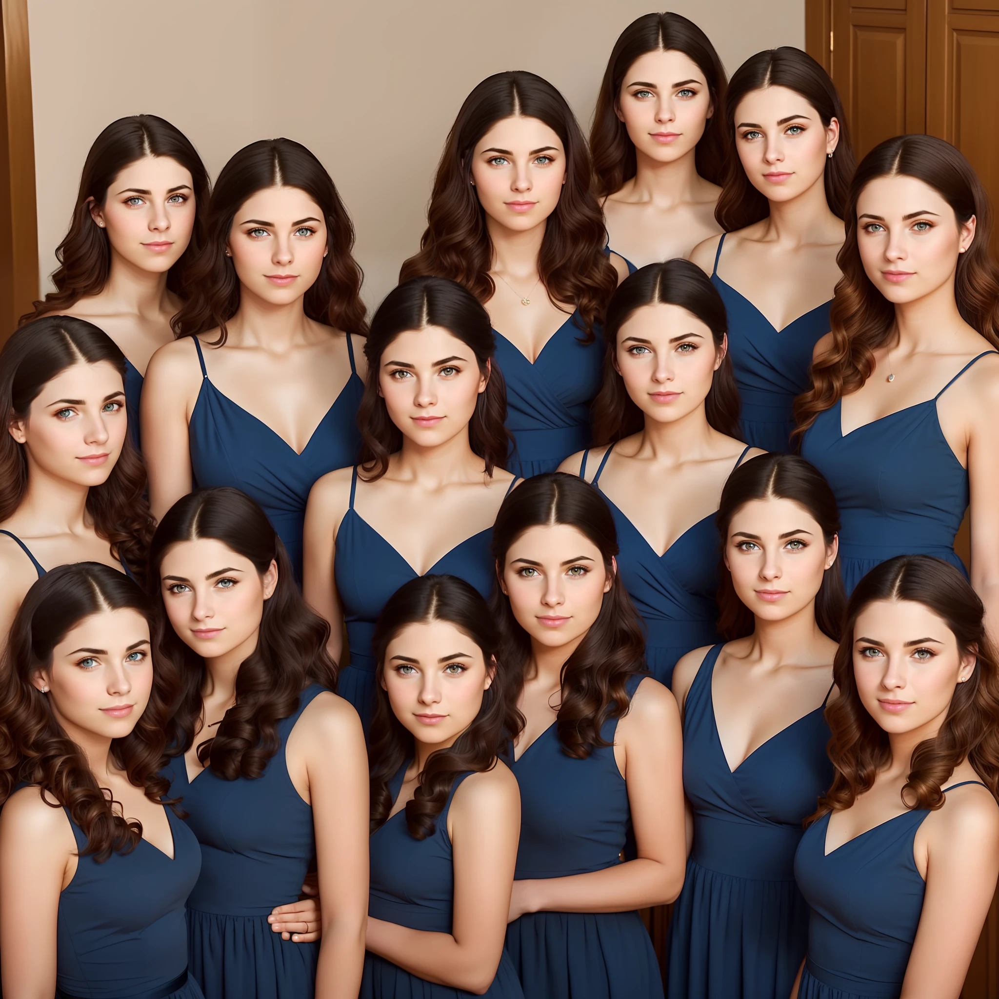 stunning identical sextuplets standing close together, in a room, 25 years old, full body, identical bodies, pale skin, athletic body, identical height, wearing blue sleeveless dress, weaeing white evening gloves, same faces, same hairstyle, long wavy hair, same colour hair, light brown hair, five fingers on each hand, smiling, color, realistic, sharp focus on eyes, sharp focus on nose, 8 k, high definition, insanely detailed, elegant, ultra realistic, photorealism,
