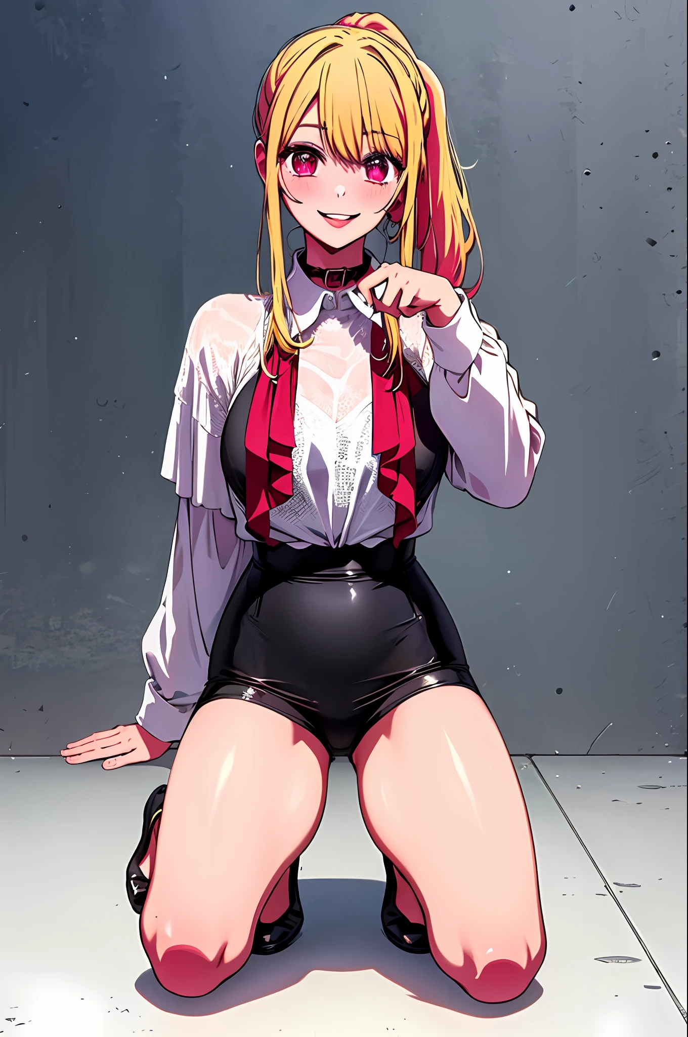 SLE, mksks-style, Top quality, Masterpiece, Detailed background, Very detailed, Complex and detailed face, Long eyelashes, Detailed eyes, ( female, standing: 1.1), (High ponytail: 1.3), (Thighs thick: 1.0), (Big: 1.3), (White background: 1.3), (Hoshino_Ruby), (Sexy Pose),
(Solo: 1.3), (Red Eyes: 1.3), (Blonde and Black Mesh: 1.2), (Tousled Hair: 1.1), (Red Collar: 1.2), (Thick Lips, Pink Lips: 1.3), (Pink Eyeshadow: 1.2), (Moisturized Eyes), (Tied Full Body with Ropes: 1.3), Squatting on the Floor, Legs Open, Best Smile, Mouth wide open, Cheeks red, Blonde Dog Eating Crawling on all fours, full body, sexy