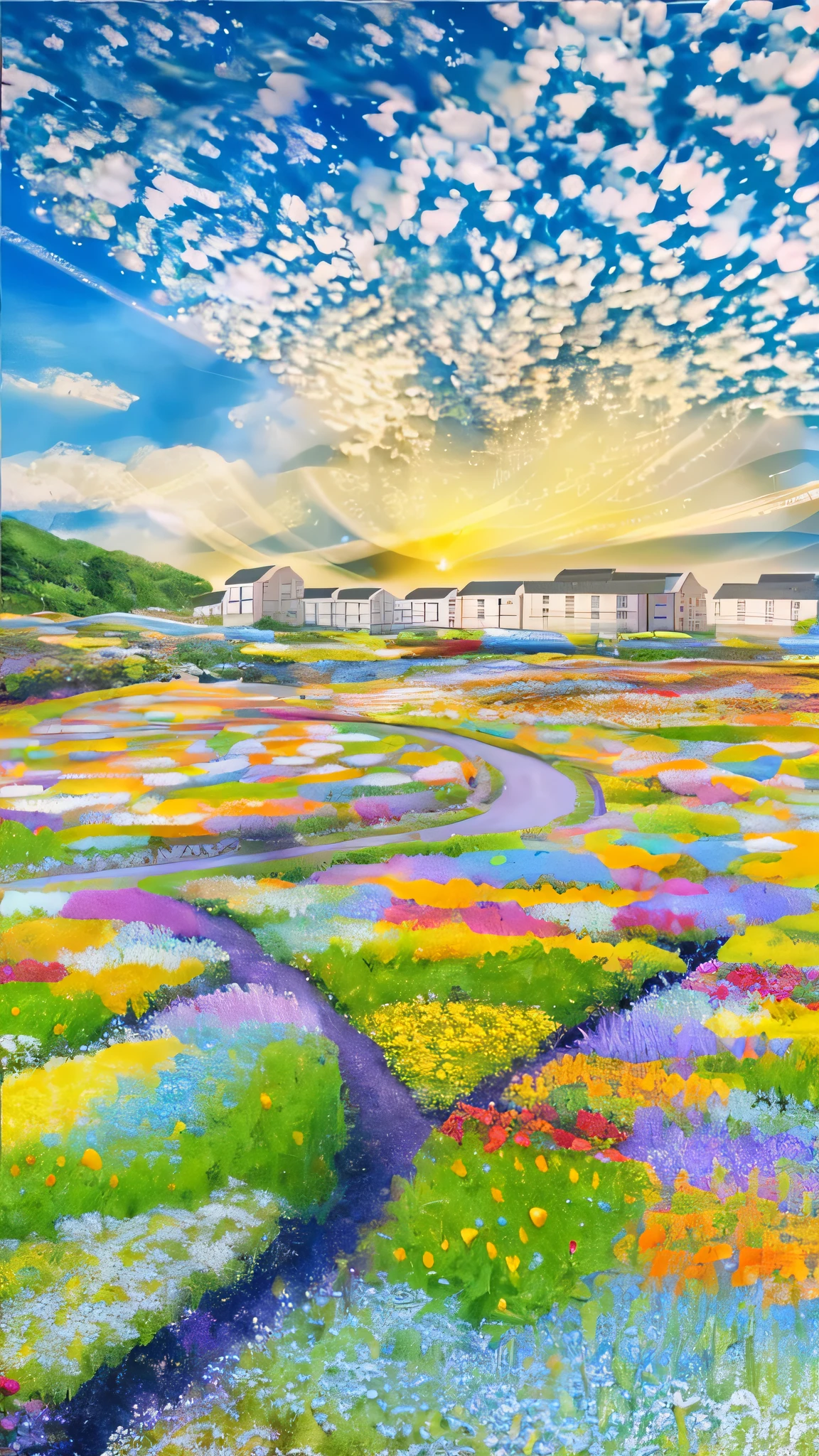 A flower field painting with a building as the background, fantasy flower field, flower field, flower field, flower field, flower field with flower field as foreground, color field painting. 8k, flower field, flower field background, 3 D virtual landscape painting, flower field, colorful landscape painting, UHD, (((super detail 1.5))), high details, best quality, 16k
