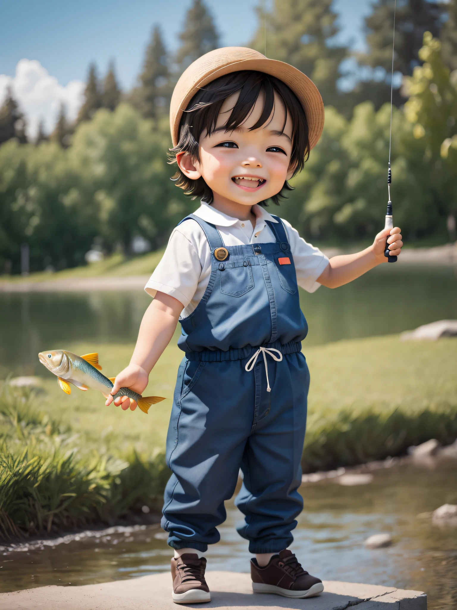 A cute  boy was especially happy to catch a fish