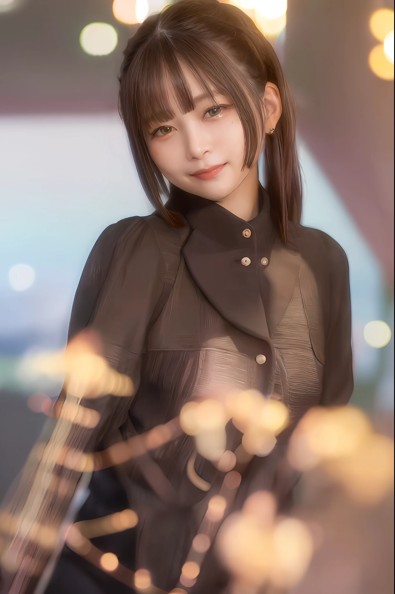 (absurdres, best quality, finely detailed, masterpiece), (photorealistic:1.3), 8k, high res, (professional lighting), (bokeh), realistic, sharp focus, award-winning photograph, a woman in a black jacket and a white background and a brown hair and a smile, 1girl, bangs, blunt_bangs, closed_mouth, lips, looking_at_viewer, mole, mole_under_eye, realistic, solo, Naoi Rei, brown_hair, long hair, black_eyes, portrait, smile,  upper body, outdoor