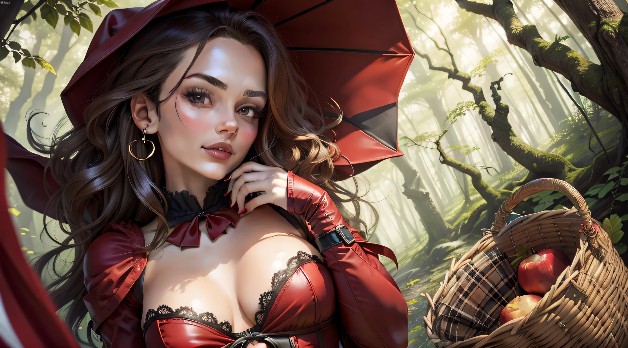 Araffe dressed in a Little Red Riding Hood and holding a basket of apples, red corset, black garter belt, Little Red Riding Hood 3d, very sexy outfit, in a forest with cold colors and mysterious, just her alone, Little Red Riding Hood, full body close-up, red body costume, costume, bright red cape on the back, dazzled fruit costumes, sexy girl, red hoodies, sensually provocative, look inviting to pleasure, expression of malice, malicious smile, perfect face, perfect body., brown hair, Surrealism, high detail, cowboy shot, cowboy shot, Eye-Level Shot, Hasselblad, 85mm, f/1.2, 8k, award winning, high details, best quality, anatomically correct