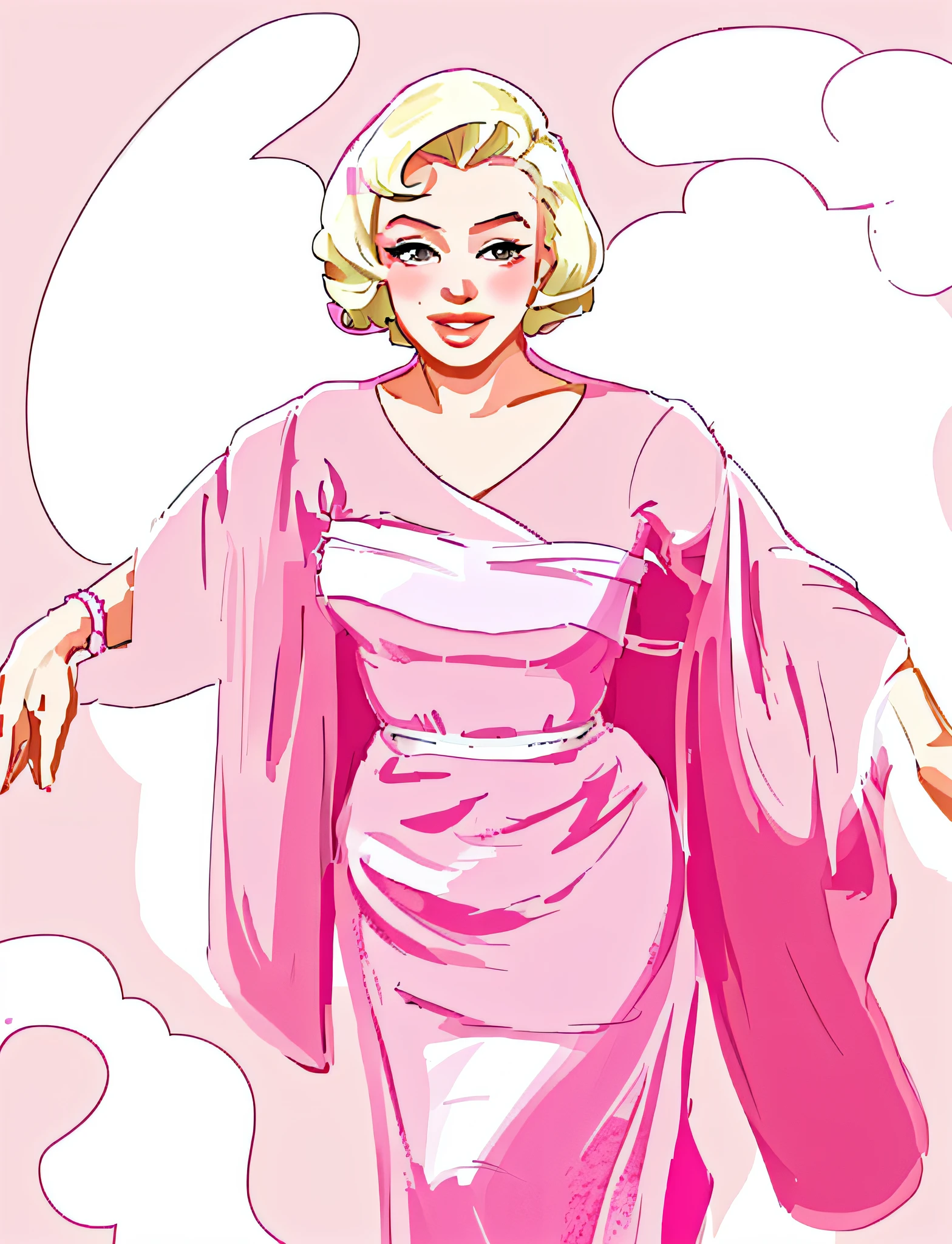 a drawing of a woman in a pink dress with a white shaw, dressed in a pink dress, marilyn monroe, marilyn monroe portrait, digital art of an elegant, pink iconic character, inspired by Marilyn Bendell, lois van rossdraws, 1950s vibes, portrait of marilyn monroe, inspired by Daphne McClure, drawn in the style of mark arian