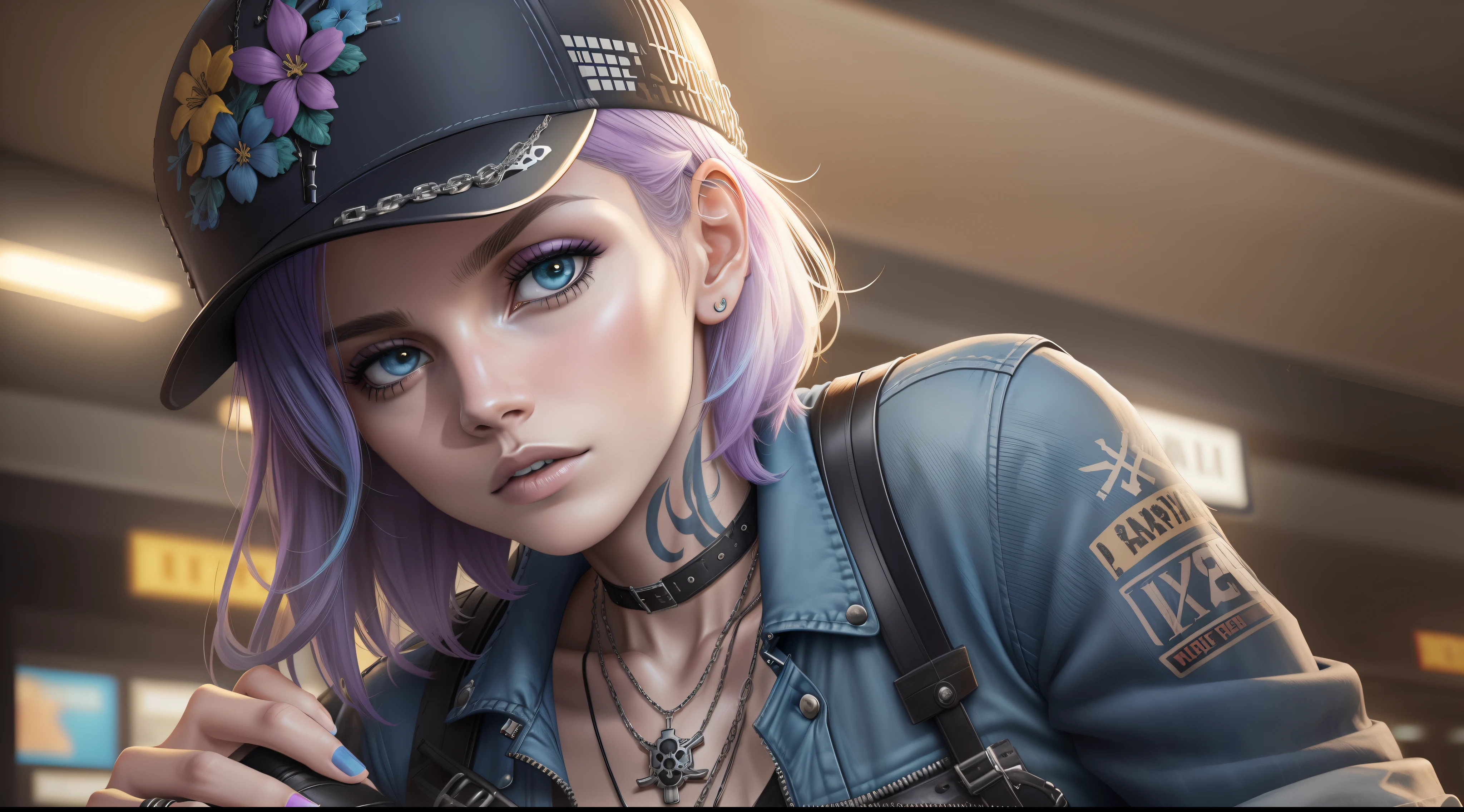 Chloe Price, Grand Central Terminal, cinematic, medium shot, full head in frame, detailed face, detailed eyes, night, punk aesthetic, pale blue ripped jeans, braces, suspenders, black boots, white shirt, skull, heart, necklace, chain, bullets, black leather jacket, cap hat, dark blue cap, tattoo sleeve, right arm, intricate design, flowers, yellowish skull, dyed hair, light purple roots, blue edges, navy blue t-shirt, rock, chick, rendered in 8K resolution for high quality detail, 8K image quality, 8k high resolution image, hyper detailed, super realistic, intricate details